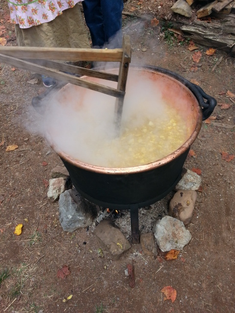 Crystal Wilson 's Great, Great Grand Mother's copper cook pot full of Apple Butter. 