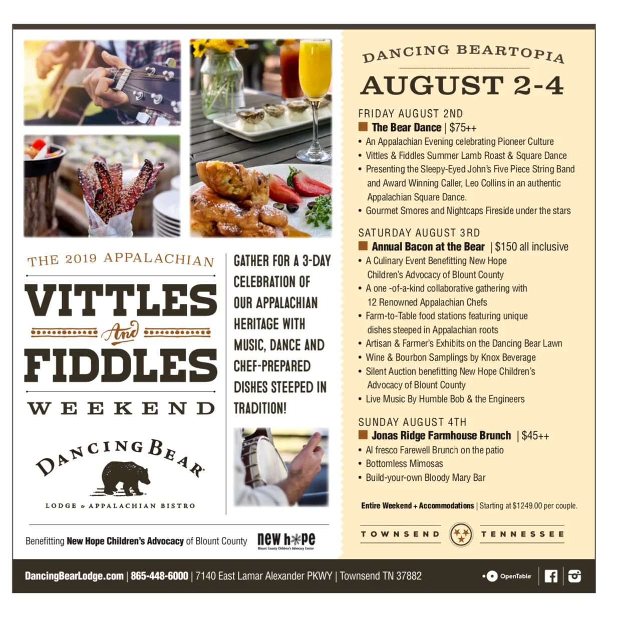 Vittles and Fiddles 3 day weekend event at Dancing Bear Appalachian Bistro: https://www.dancingbearlodge.com/event/vittles-and-fiddles-weekend