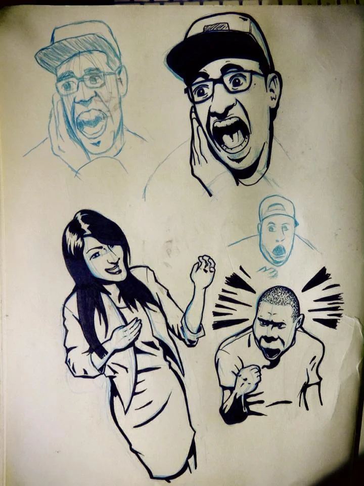 Freehand drawings using haunted house reactions as photo reference.