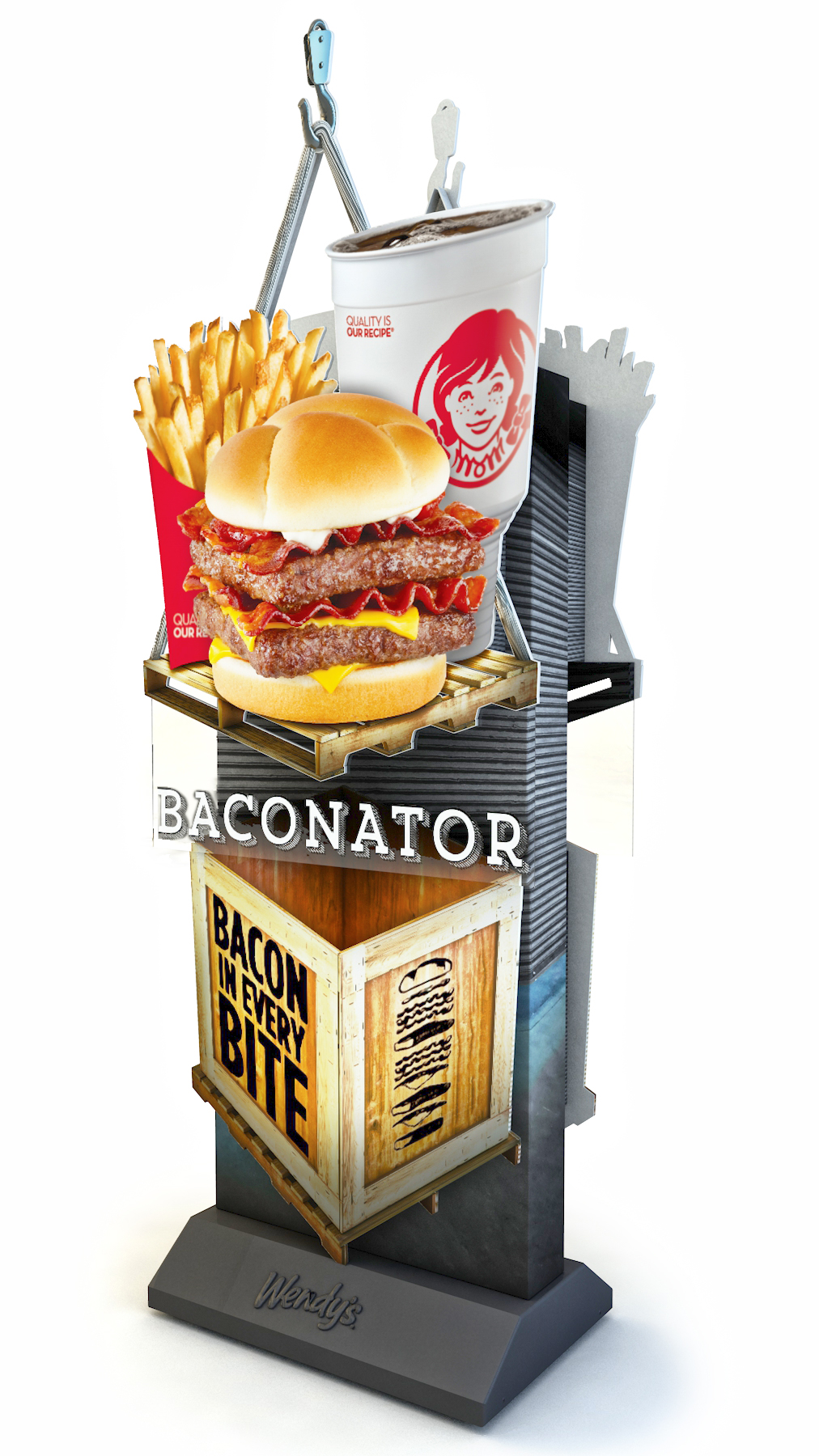 This model is a case study in being handed a sketch and developing the artwork from there. I modeled the crate and winch and photographed the textures I needed for everything you see with the exception of the combo meal itself.