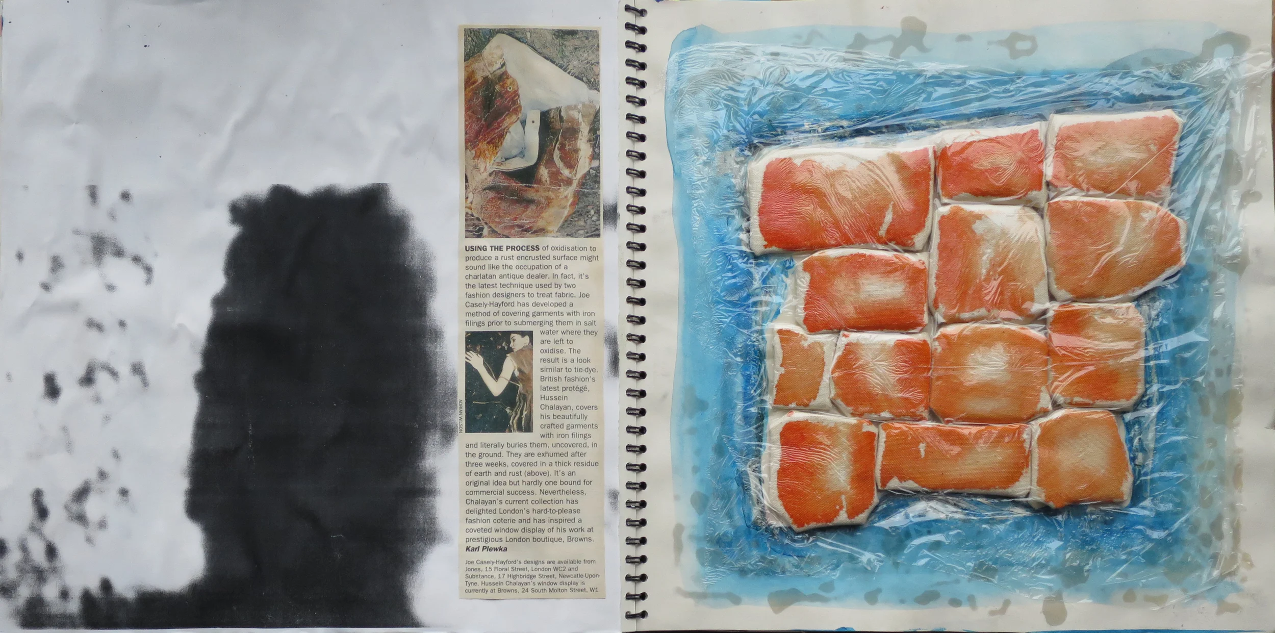 The squares are calico material wrapped around wadding, with orange ink and cling film on top.