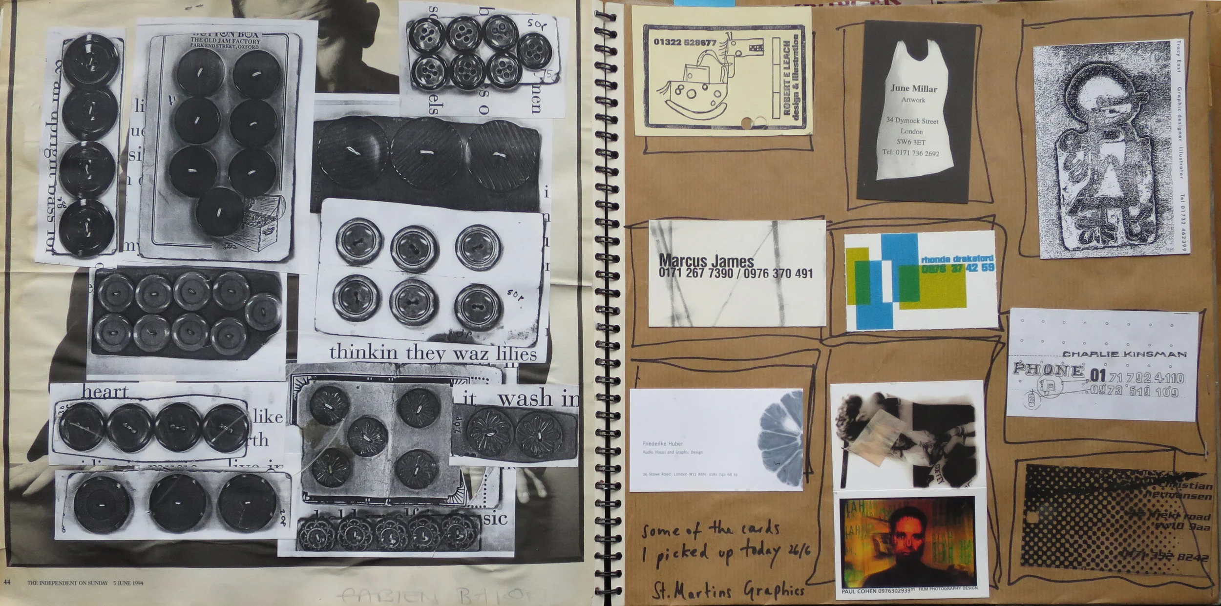 Photocopied vintage buttons and cards from Central St Martins degree show - including Rhonda Drakeford, co-owner of Darkroom!