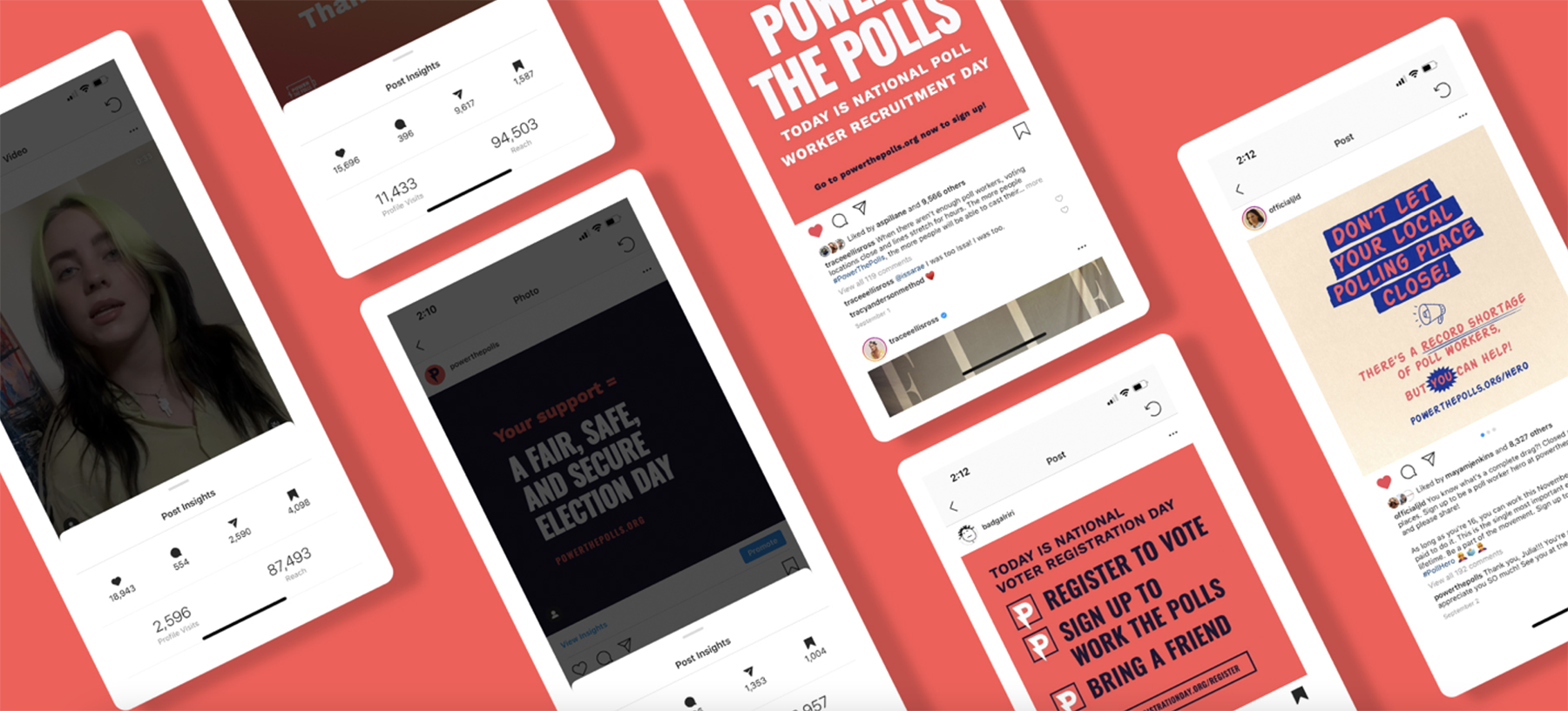 Multiple smartphone screens displaying various poll worker recruitment and voter registration social media posts against a red background.