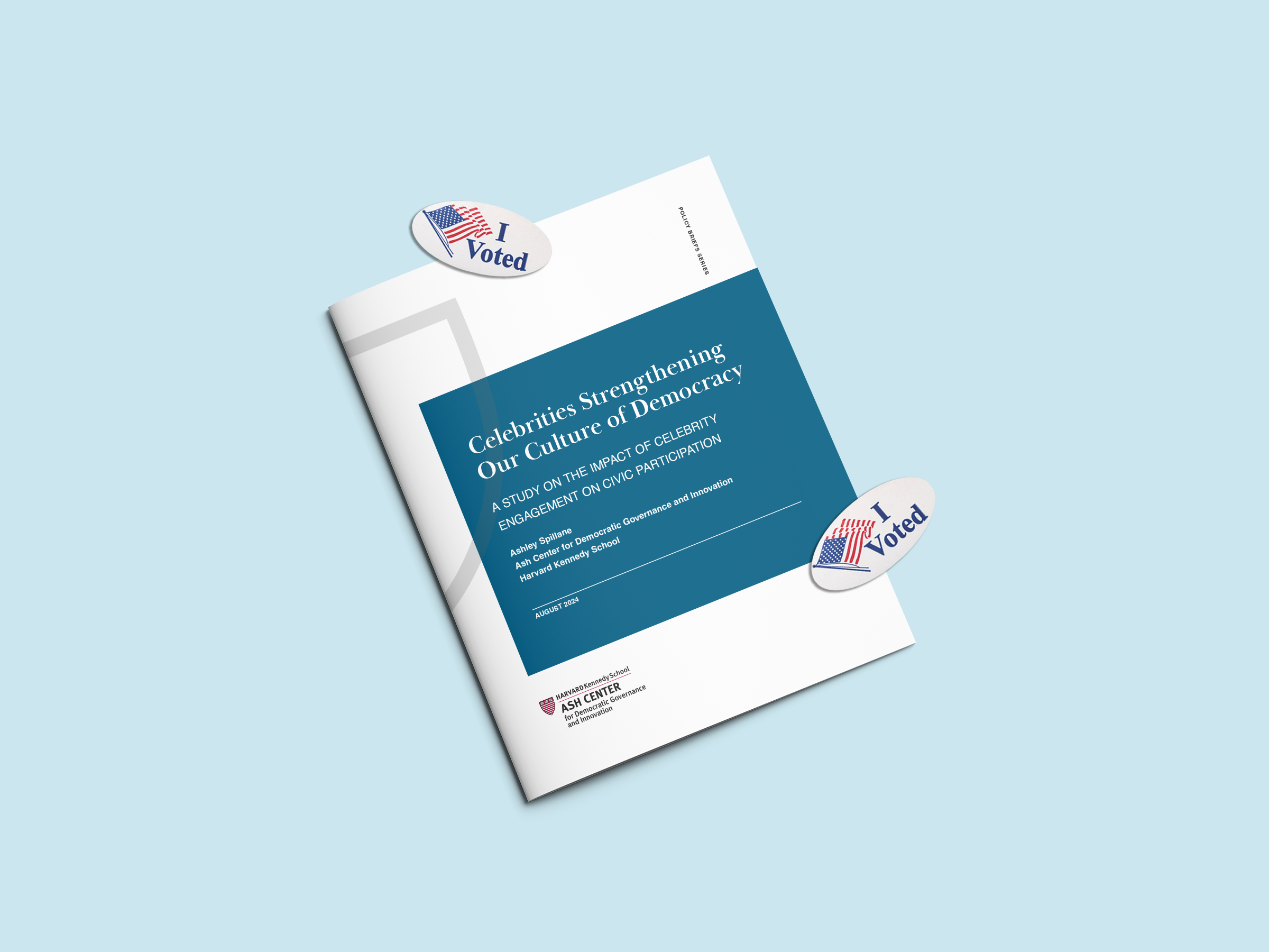 Report titled 'Celebrities Strengthening Our Culture of Democracy' with 'I Voted' stickers, light blue background.