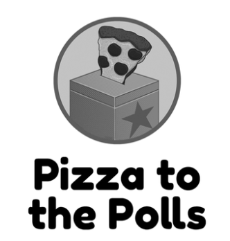 Illustration of a pizza slice on a voting box with the text 'Pizza to the Polls'.
