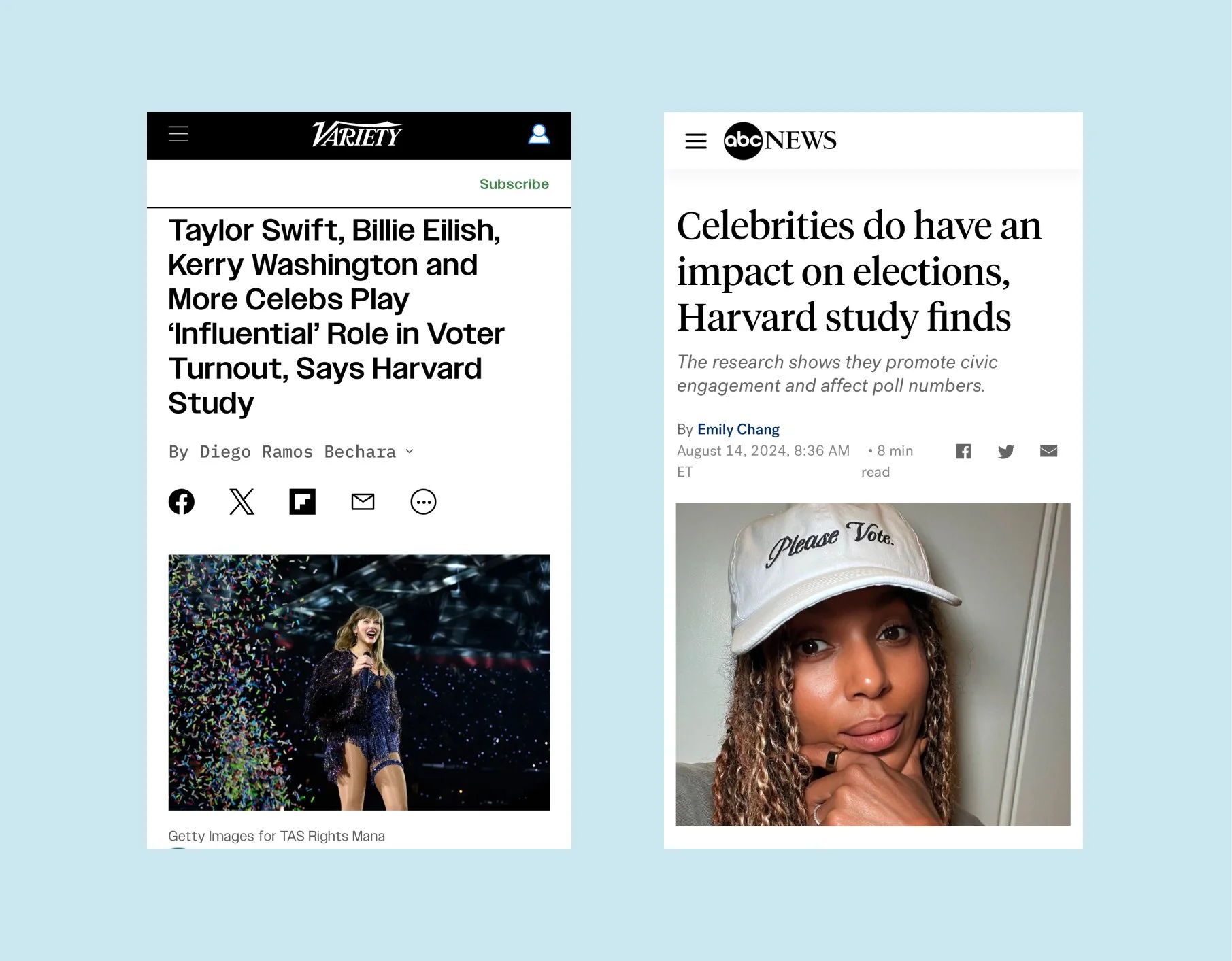Composite image of two articles discussing a Harvard study on celebrities' influence on voter turnout. The left article from 'Variety' mentions Taylor Swift, Billie Eilish, and Kerry Washington. The right article from 'ABC News' emphasizes celebrities' impact on elections with a photo of a person wearing a "Please Vote" cap.