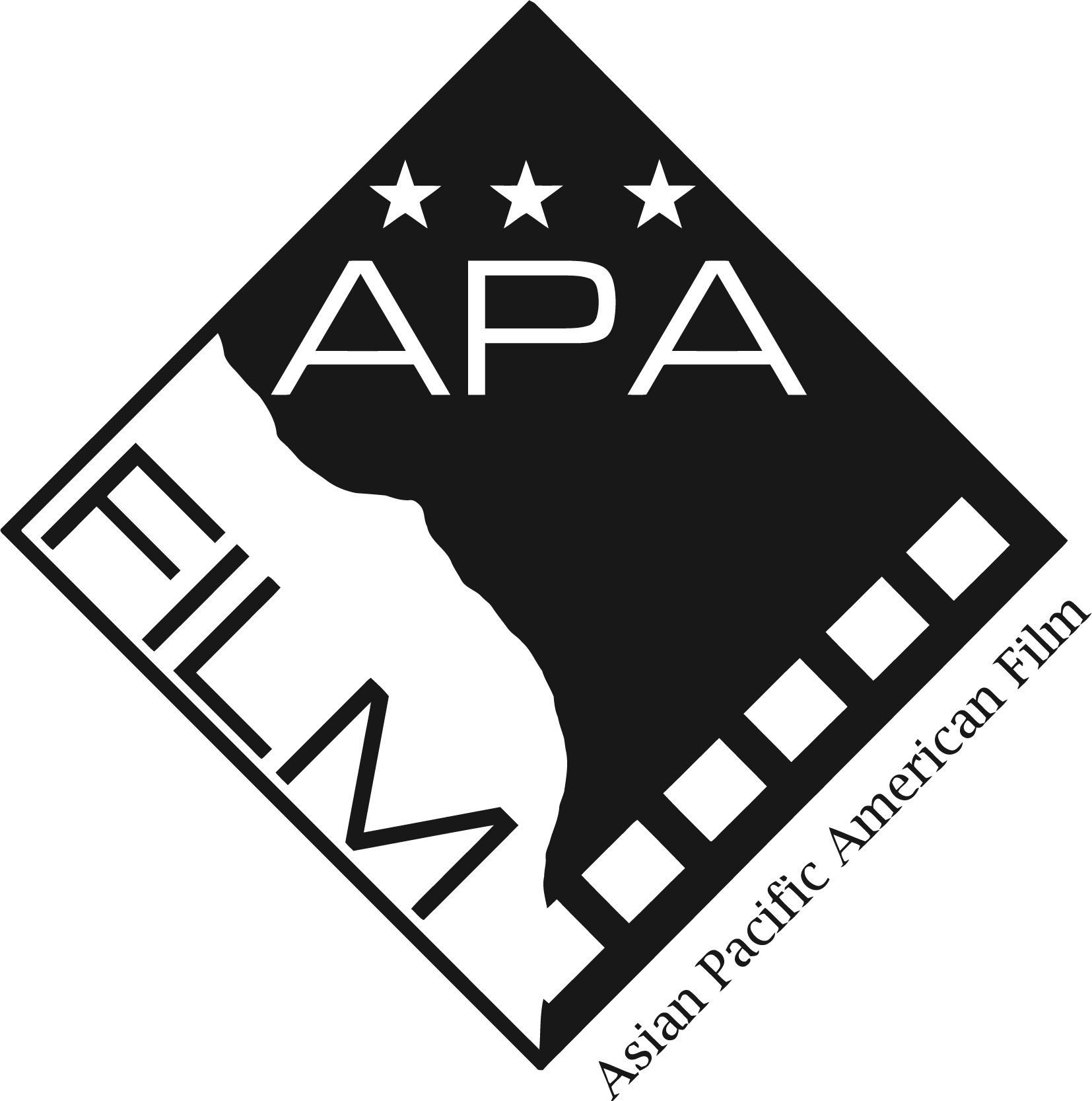 Logo of APA Film with a diamond shape, stars, film reel edge, and text 'Asian Pacific American Film'.