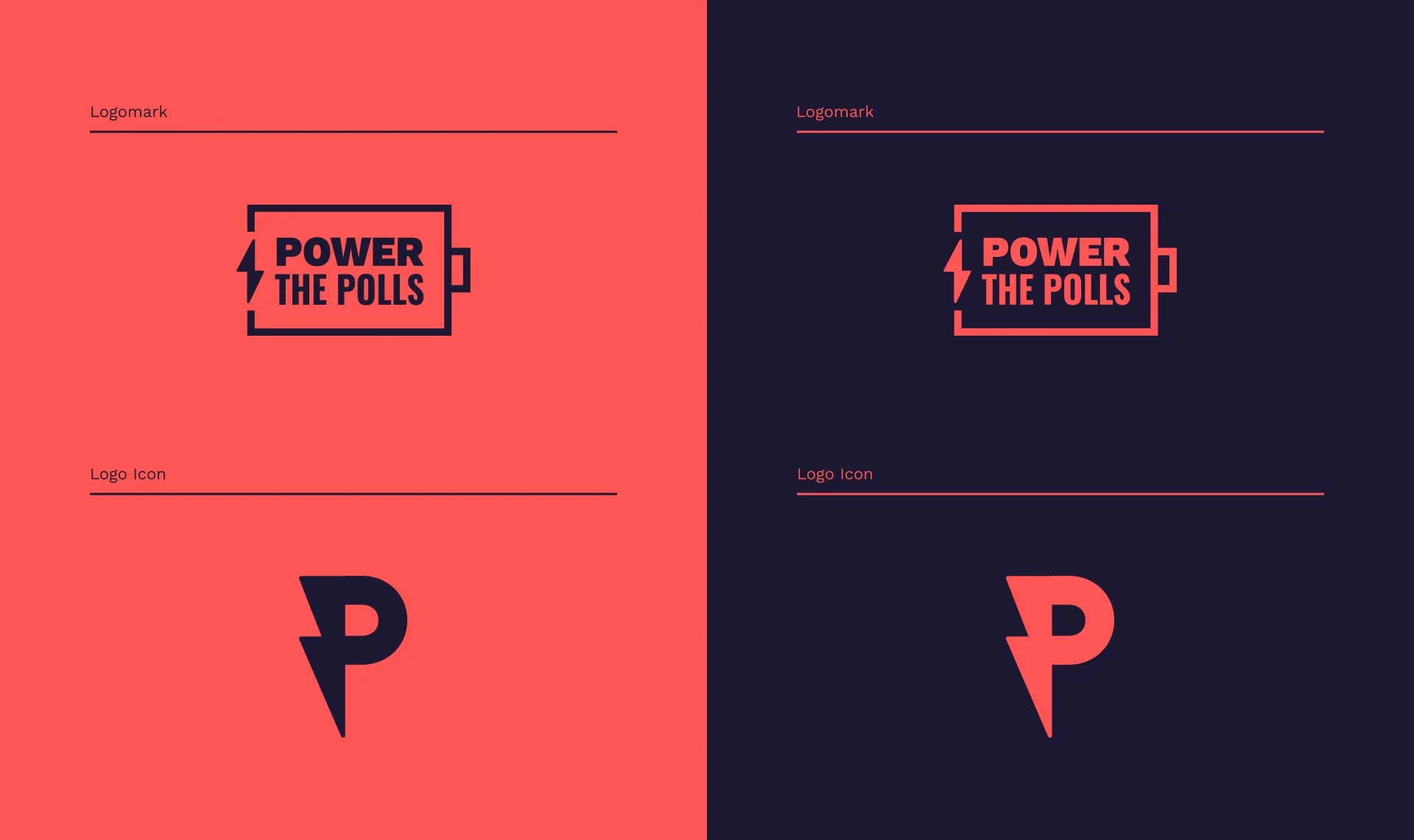 Dual logo designs for "Power the Polls," featuring a battery outline and a stylized letter "P."