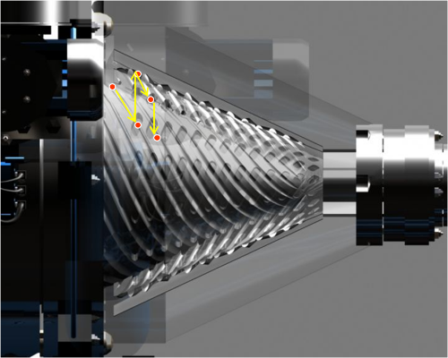* Step 1 : entry into inner stator groove n.o 1 and travel until rotor hole row 1 * Step 2 : rotor hole transport until outer stator groove n.o 1 * Step 3 : entry into outer stator groove n.o 1 and travel until rotor hole row 2 * Step 4 : rotor hole transport into inner stator groove n.o 2 * Steps 1 to 4 repeated multiple times and each time the flow enters or leaves the rotor hole, it becomes sharply cut