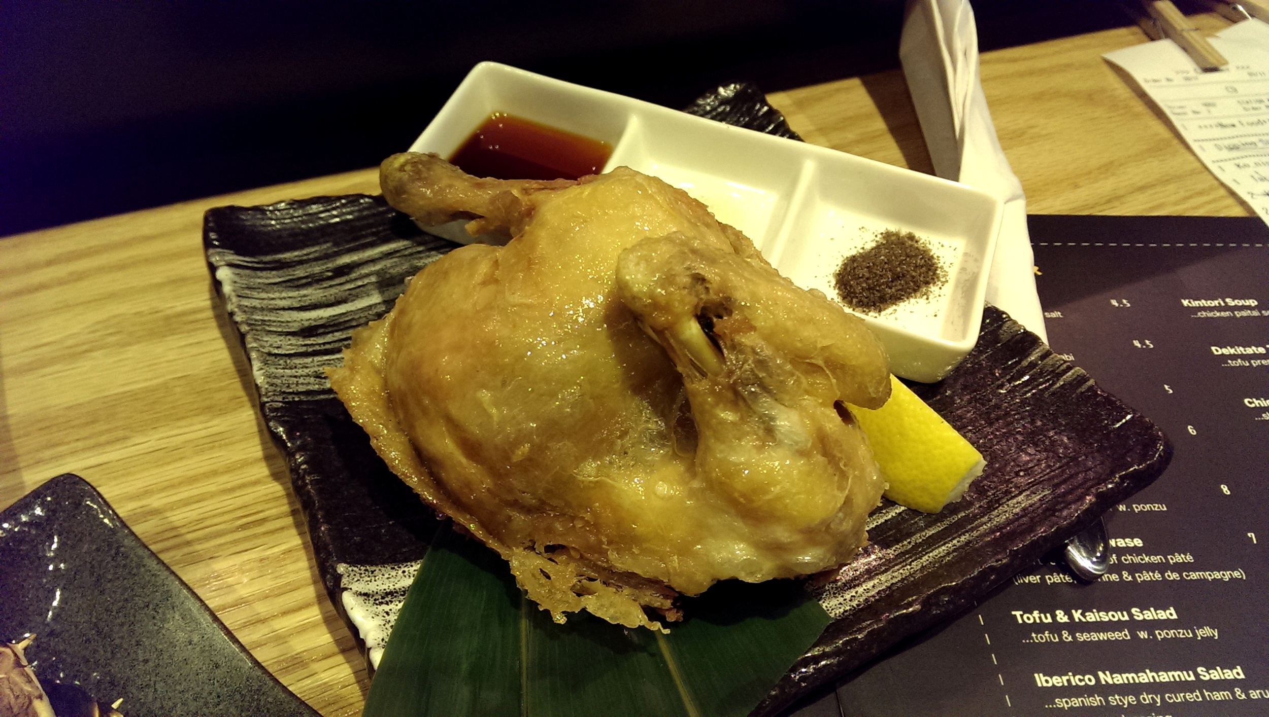Deep fried 1/2 cornish hen w/ 3 kinds dipping - salt, pepper, soy sauce