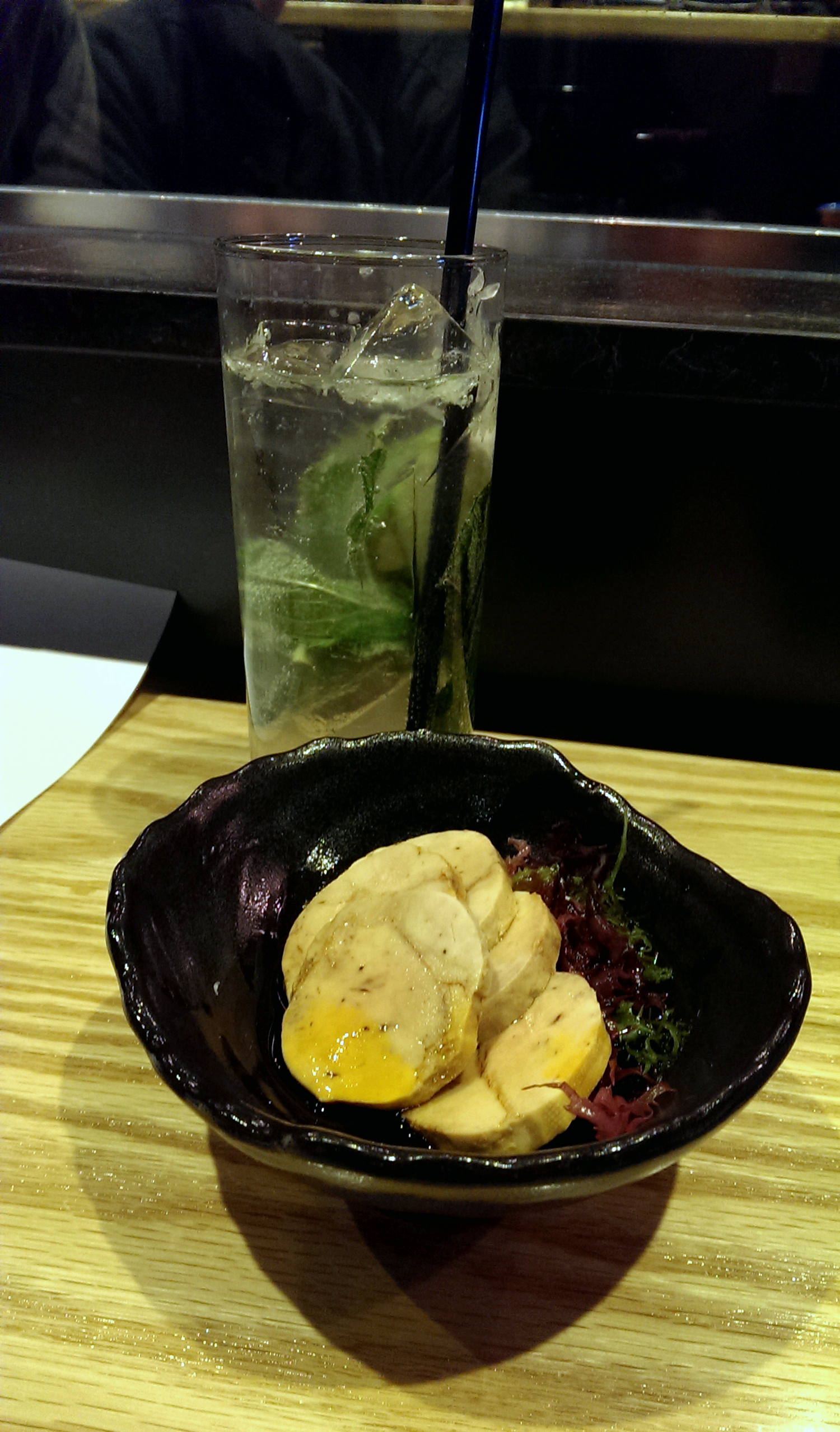 Original Mojito with rum, mint, lime, sugar, soda Smoked Akimo (smoked monk fish liver w. ponzu)