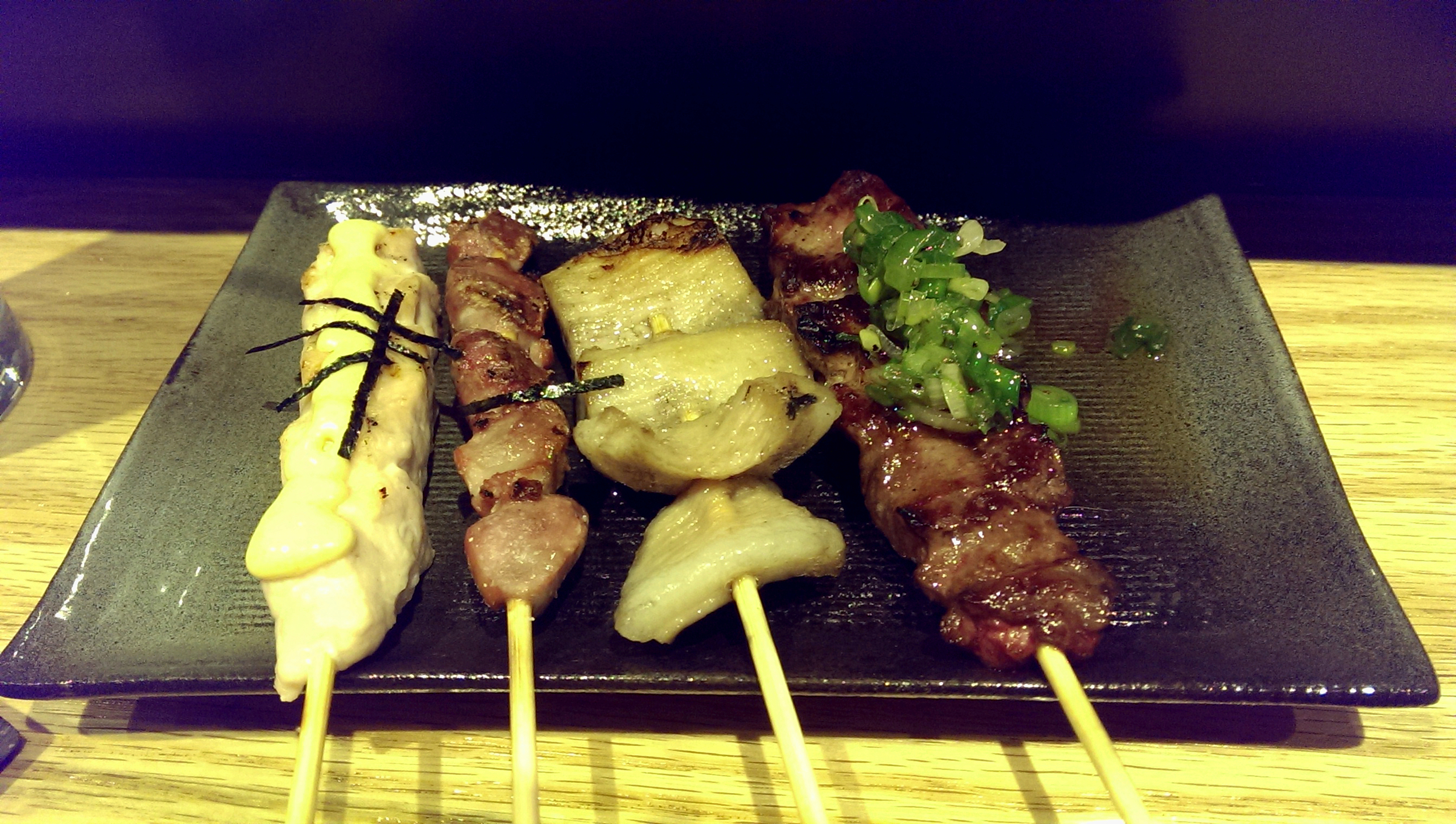 Chef's Selection Momo (chicken thigh) / Suganimo (chicken gizzard) Sasami (chicken tenderloin) with mentai-mayo Negi shio gyu (beef w. scallion sauce) / ton toro (pork cheek)