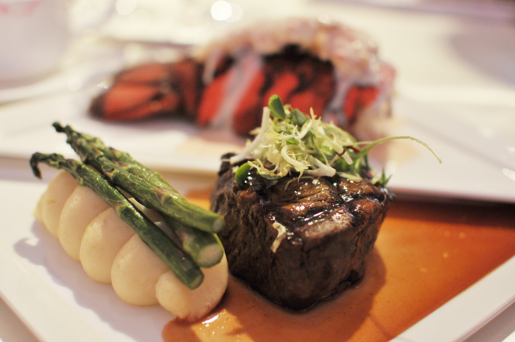 Grilled Black Angus filet mignon (5oz) in Port Wine reduction with asparagus and garlic whipped potatoes