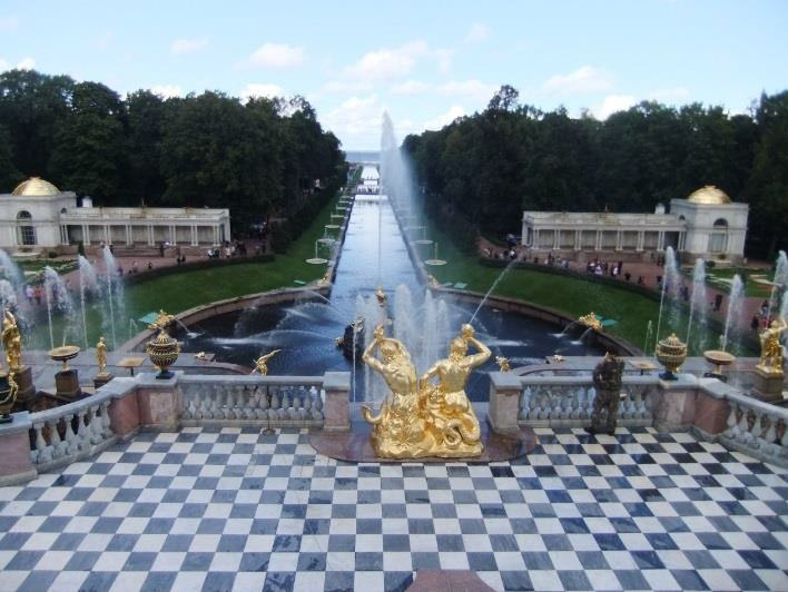 A view of the lower gardens at Peterhof Palace.