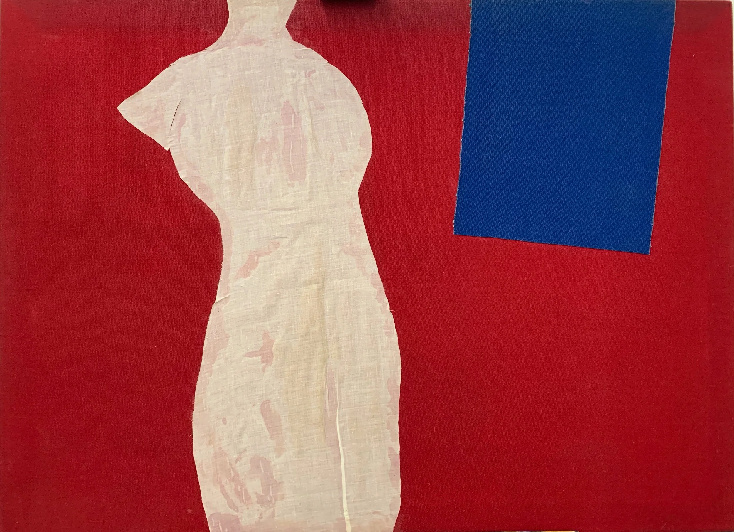 Sylvia Rutkoff "Red with Blue" (1970s) Fabric on stretcher 38" x 28