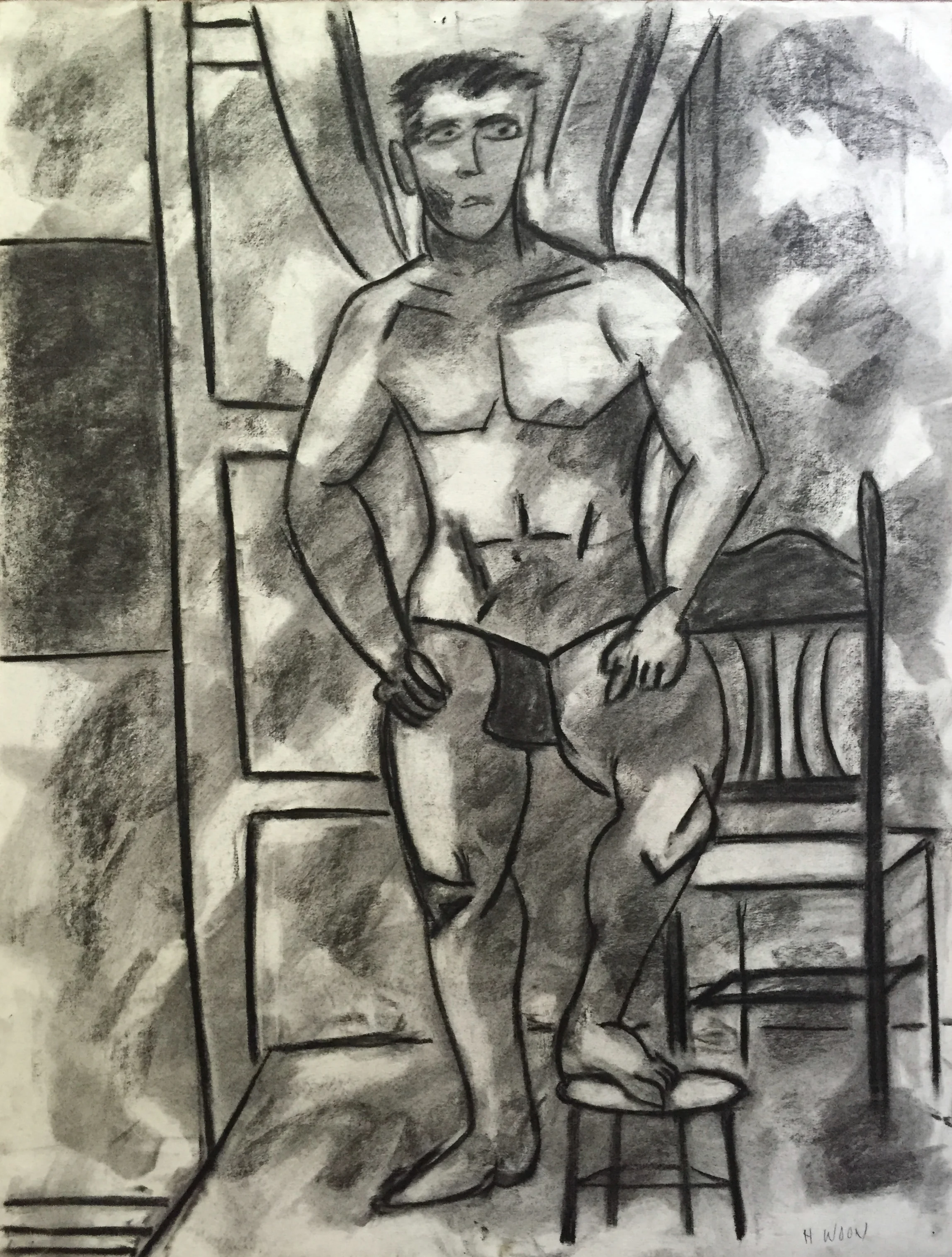 1950's Charcoal Standing Male Nude Study Henry Woon