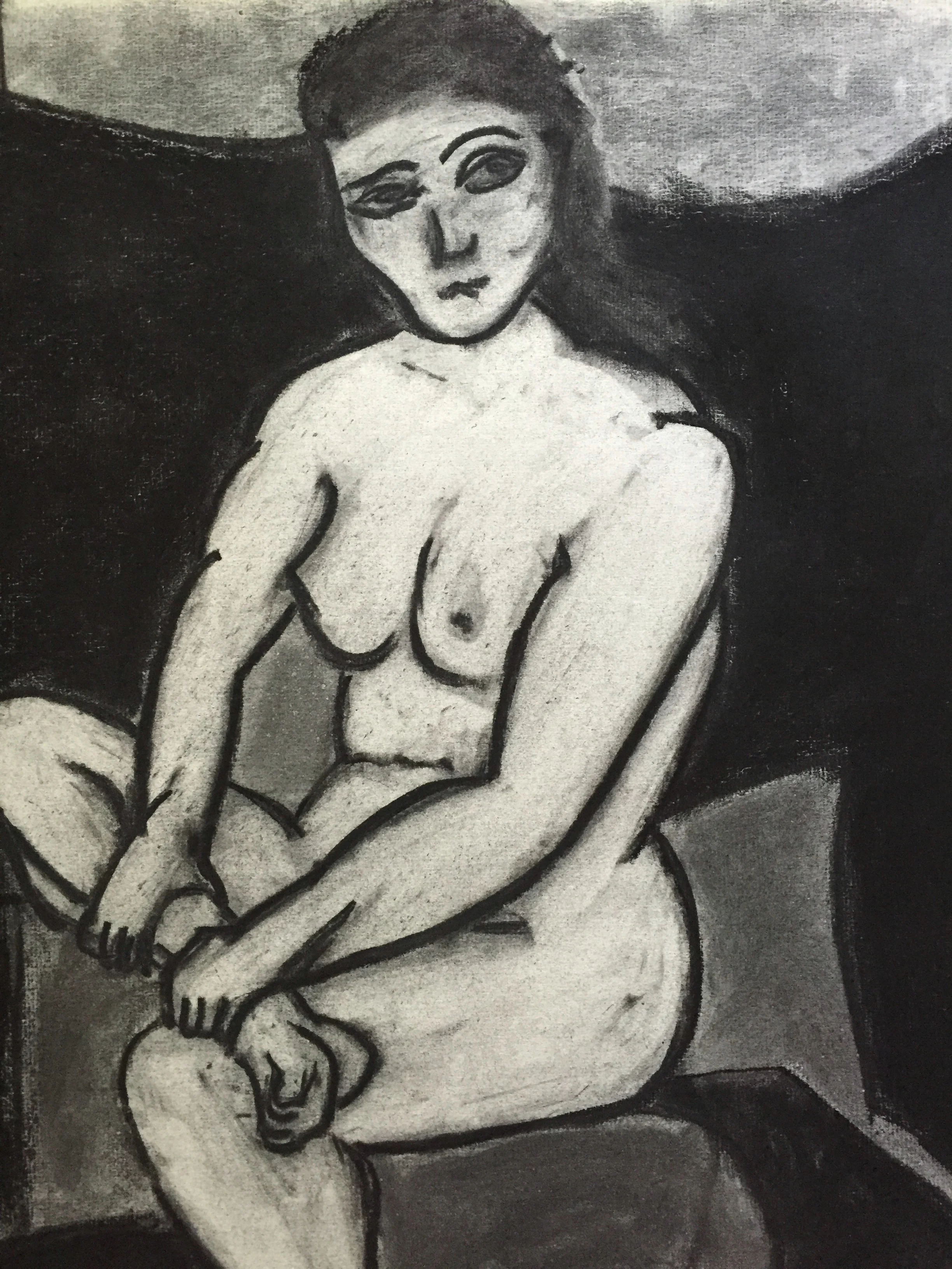 1950's Study Female Seated Nude Conti Crayon Henry Woon