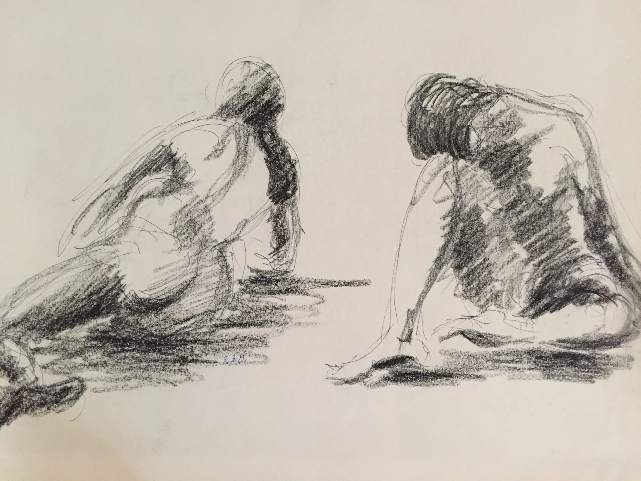 1970's Charcoal Two Female Nudes Drawing Frank J. Bette
