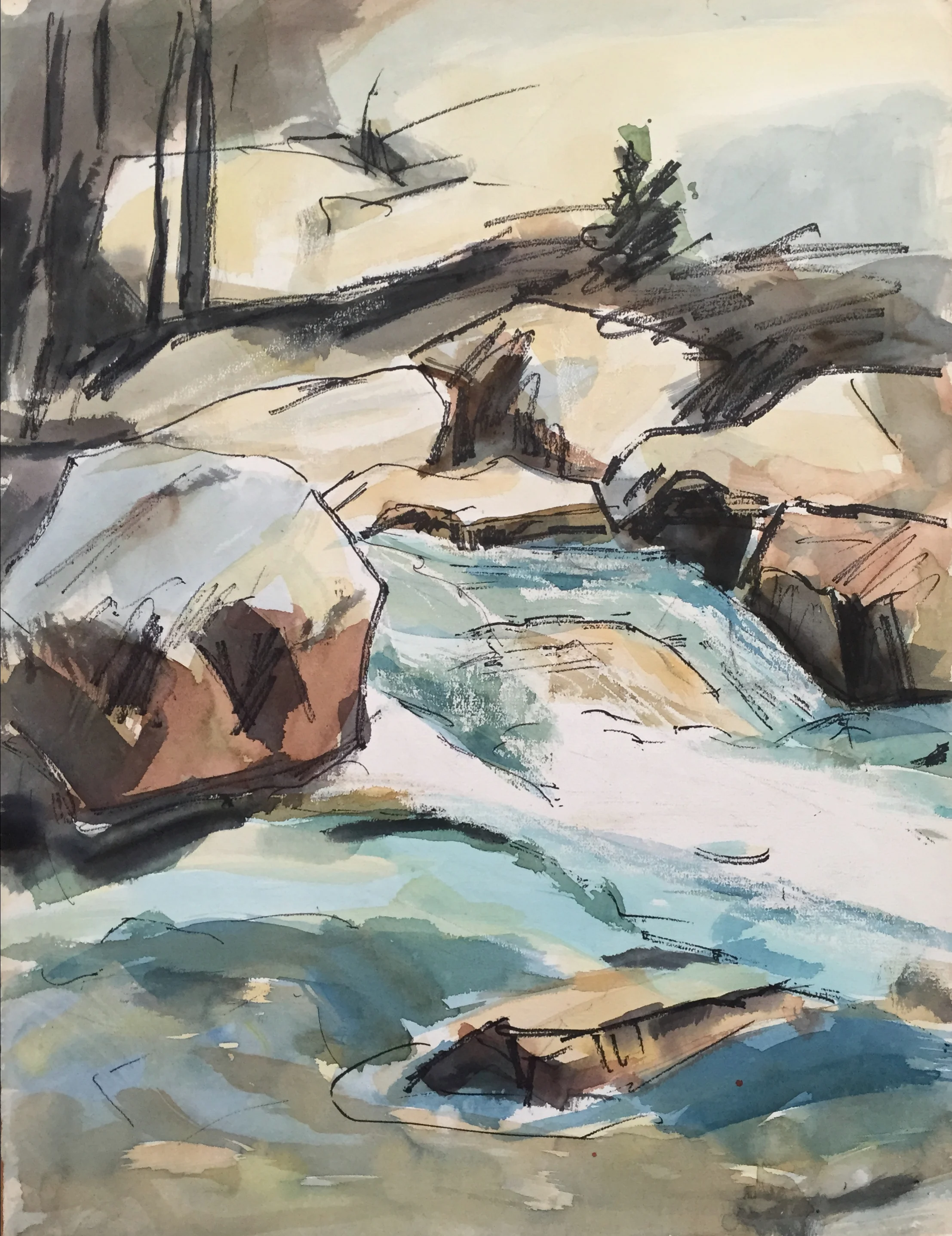 Thelma Moody 1960's Gouache Landscape River Rocks