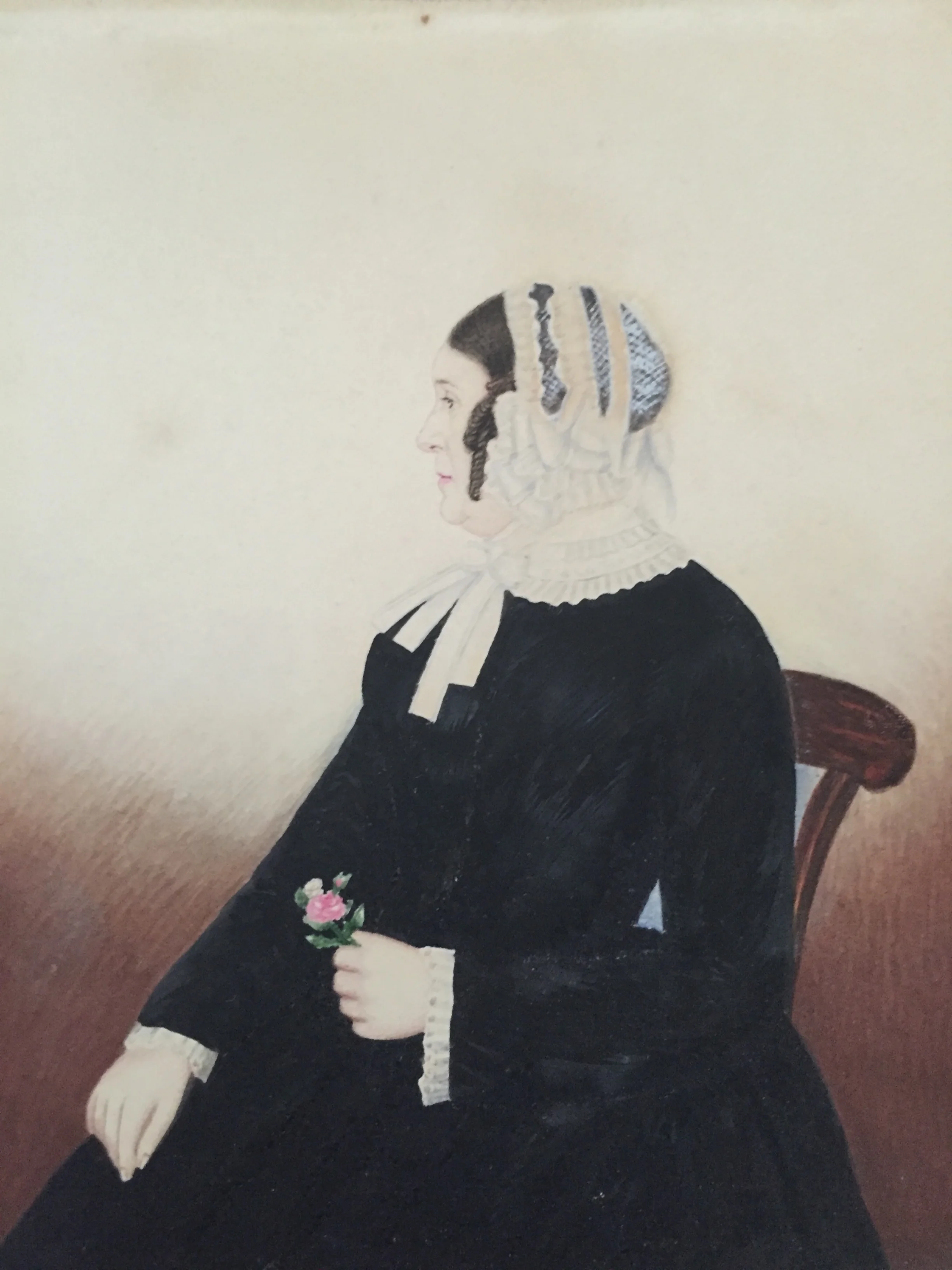 1845 American Folk Art Miniature Portrait Painting Woman with Blue Bonnet