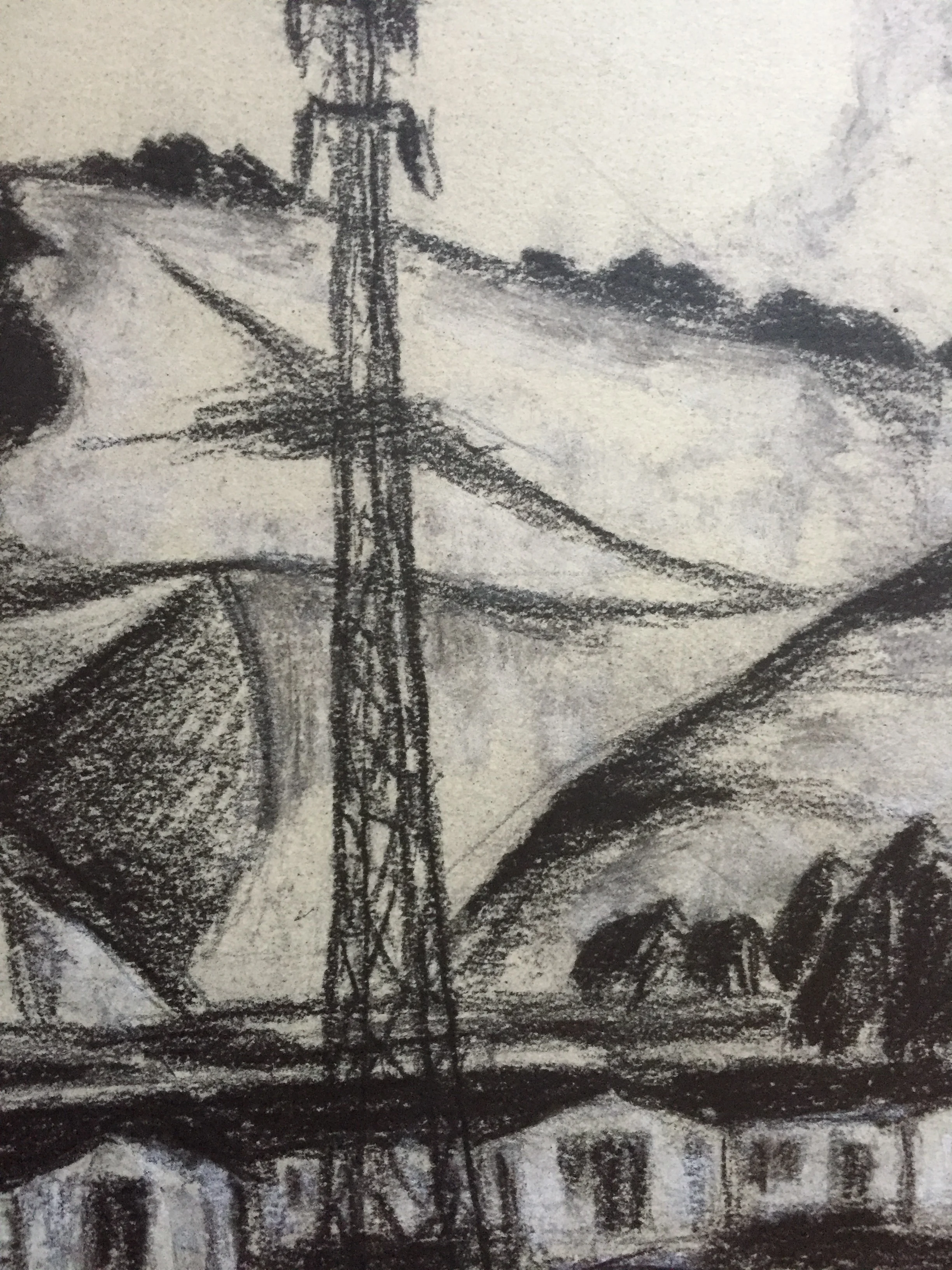 Behind San Leandro, CA Charcoal 1955 Vintage Drawing