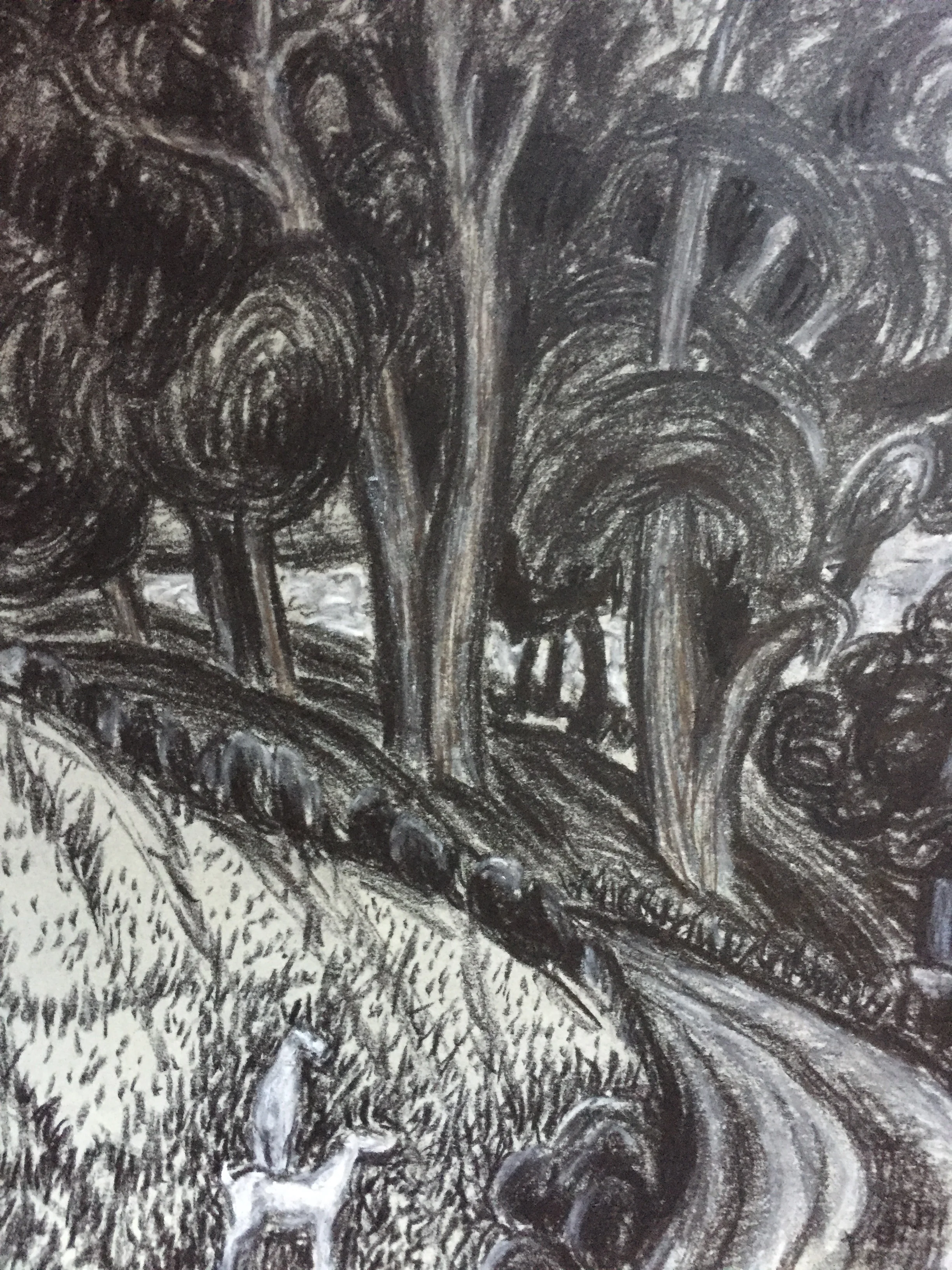 Two Deer Mid Century Charcoal Drawing 1957