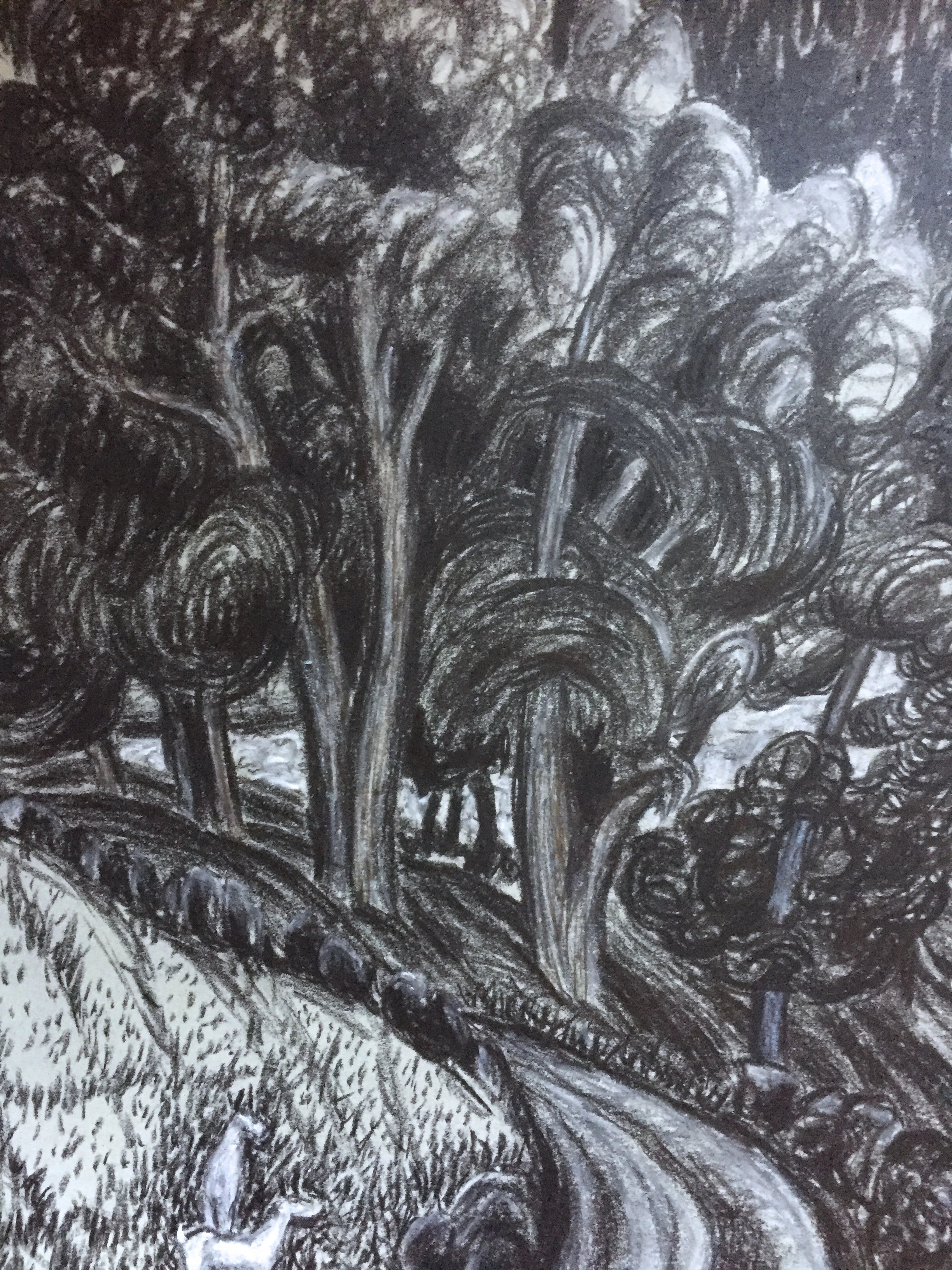 Mid Century Charcoal Landscape with Two Deer