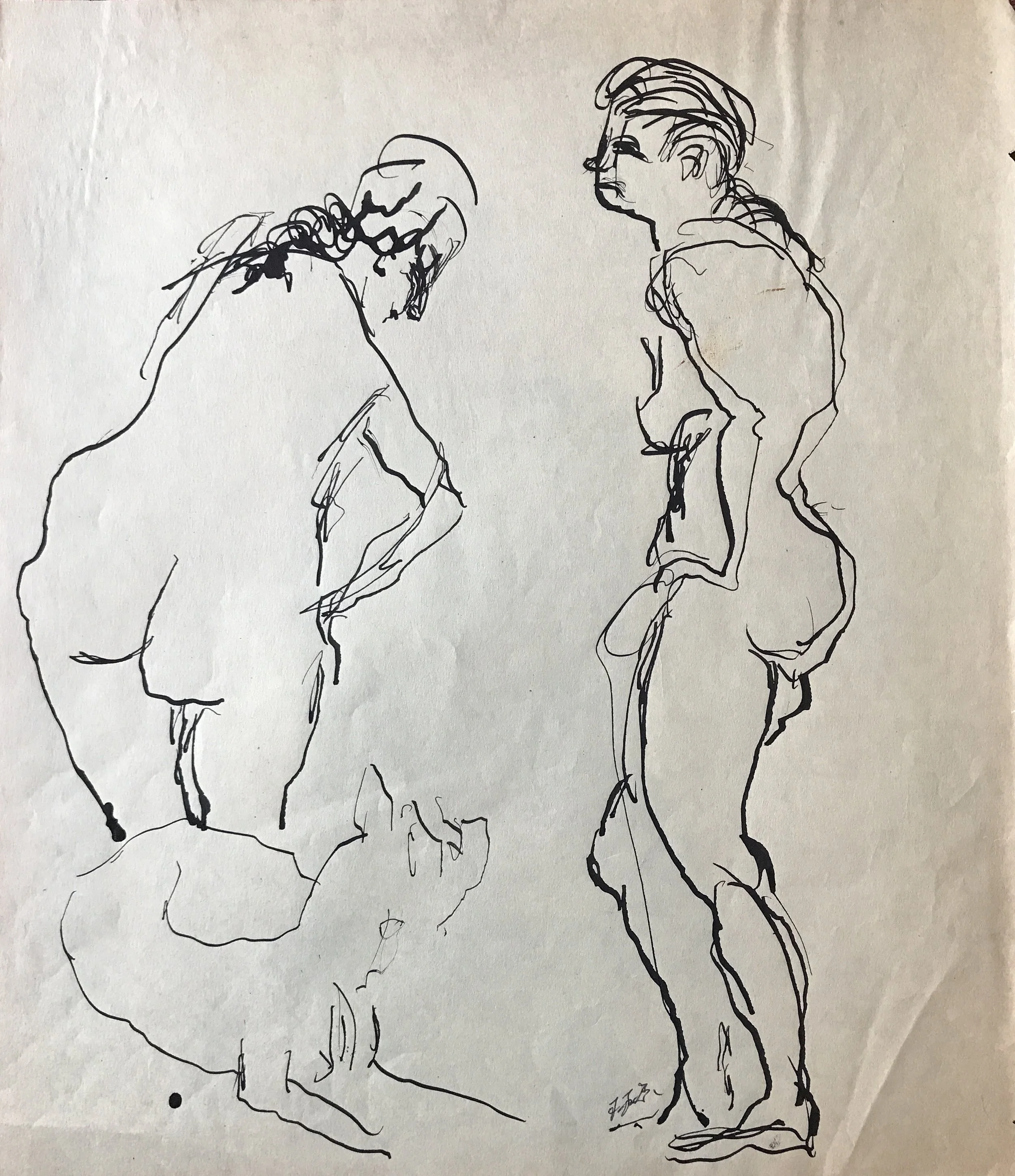 Mid Century Ink Drawing "Two Nudes and a Dog"