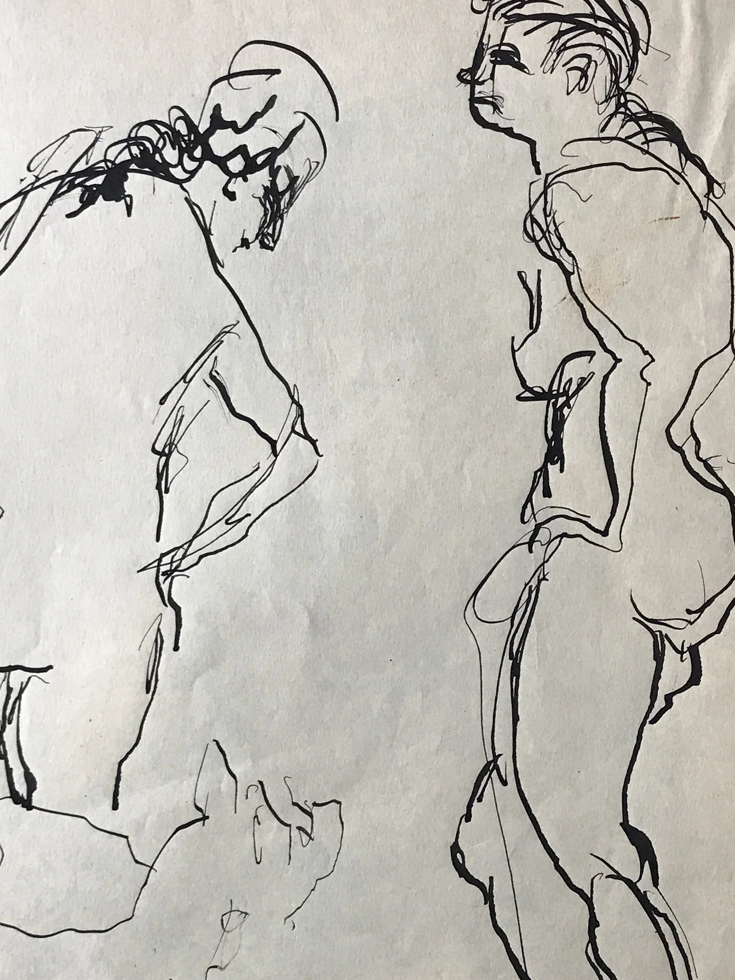 Mid Century Ink Drawing "Two Nudes and a Dog"