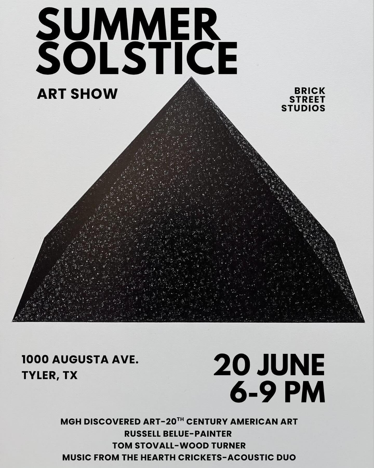 Just added live music from @thehearthcrickets for the 
Summer Solstice Show
June 20 6-9PM
1000 Augusta Ave.
Tyler, TX
#etx #tyler #artclub #20thcenturyart #acousticduo #