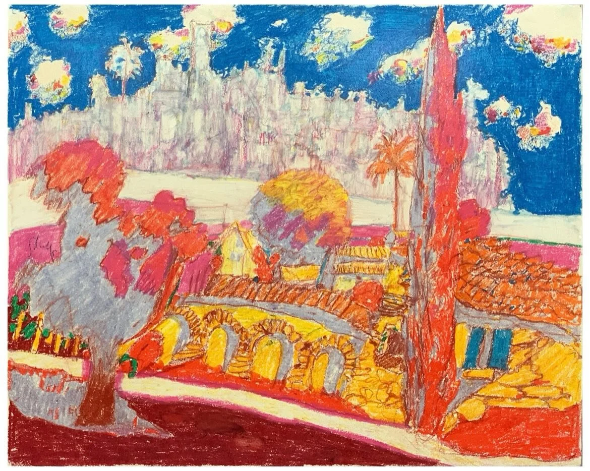 When I was a kid, we moved from New York to California. This drawing is exactly what I imagined California to look like. Some days it did. 

Bill Shields
"California"
1989
Oil pastel on board
24"x19"
Signed left center