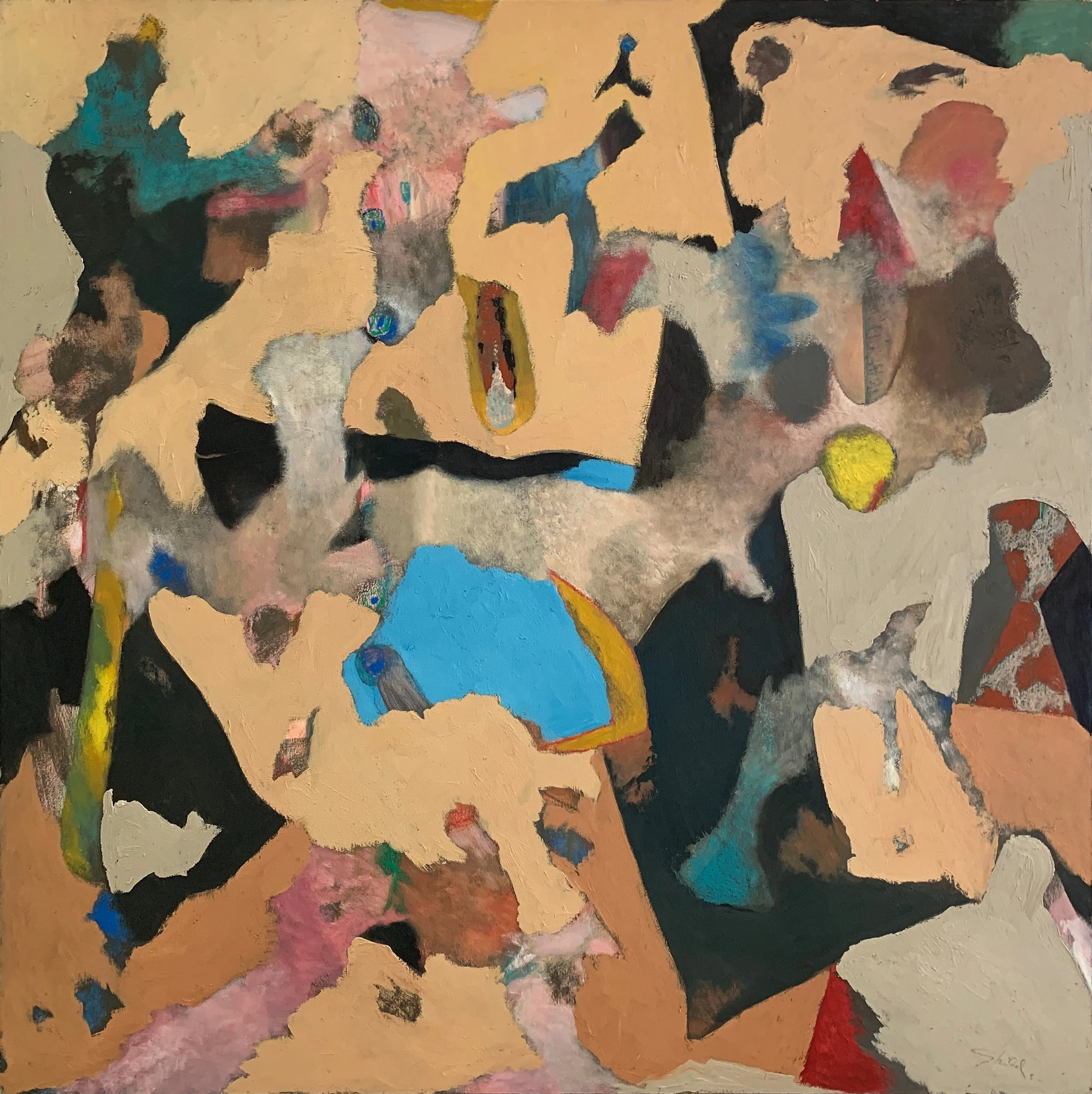 Bill Shields, Playgrounds, 1996, oil on canvas. Abstract composition with interlocking organic shapes in warm sand tones, deep black, turquoise, blue, pink, and yellow, suggesting fragmented figures and forms in dynamic collision.
