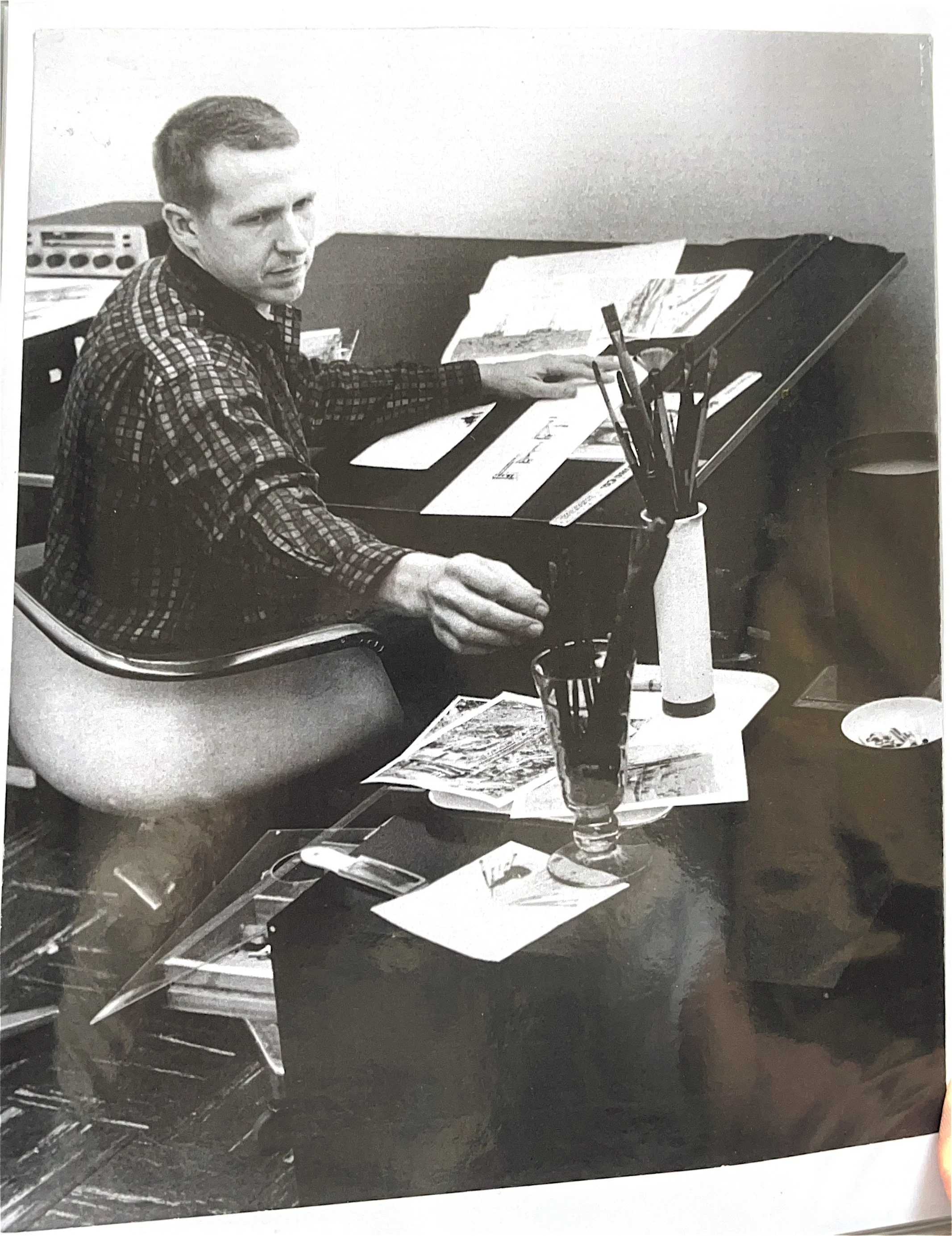 Bill Shields at his drafting table, working on illustration, 1960s