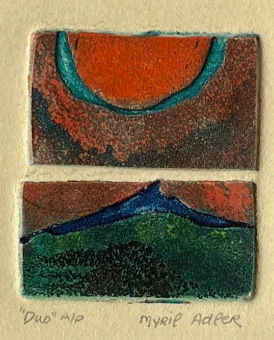 Myril Adler
"Duo"
c.1960s
Collagraph ink on paper
2" x 2.5"
