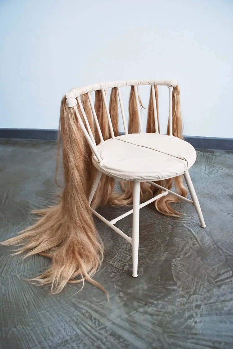 Sad Chair, 2016, Aluminum frame, leather, synthetic hair