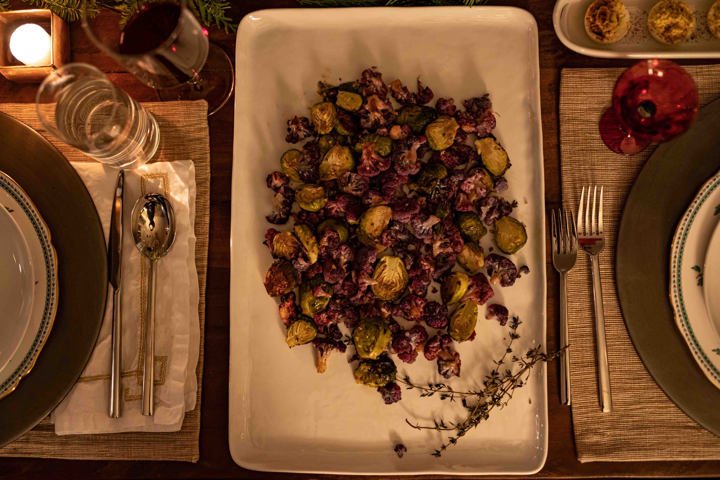 Roasted Purple Cauliflower and Brussels Sprouts