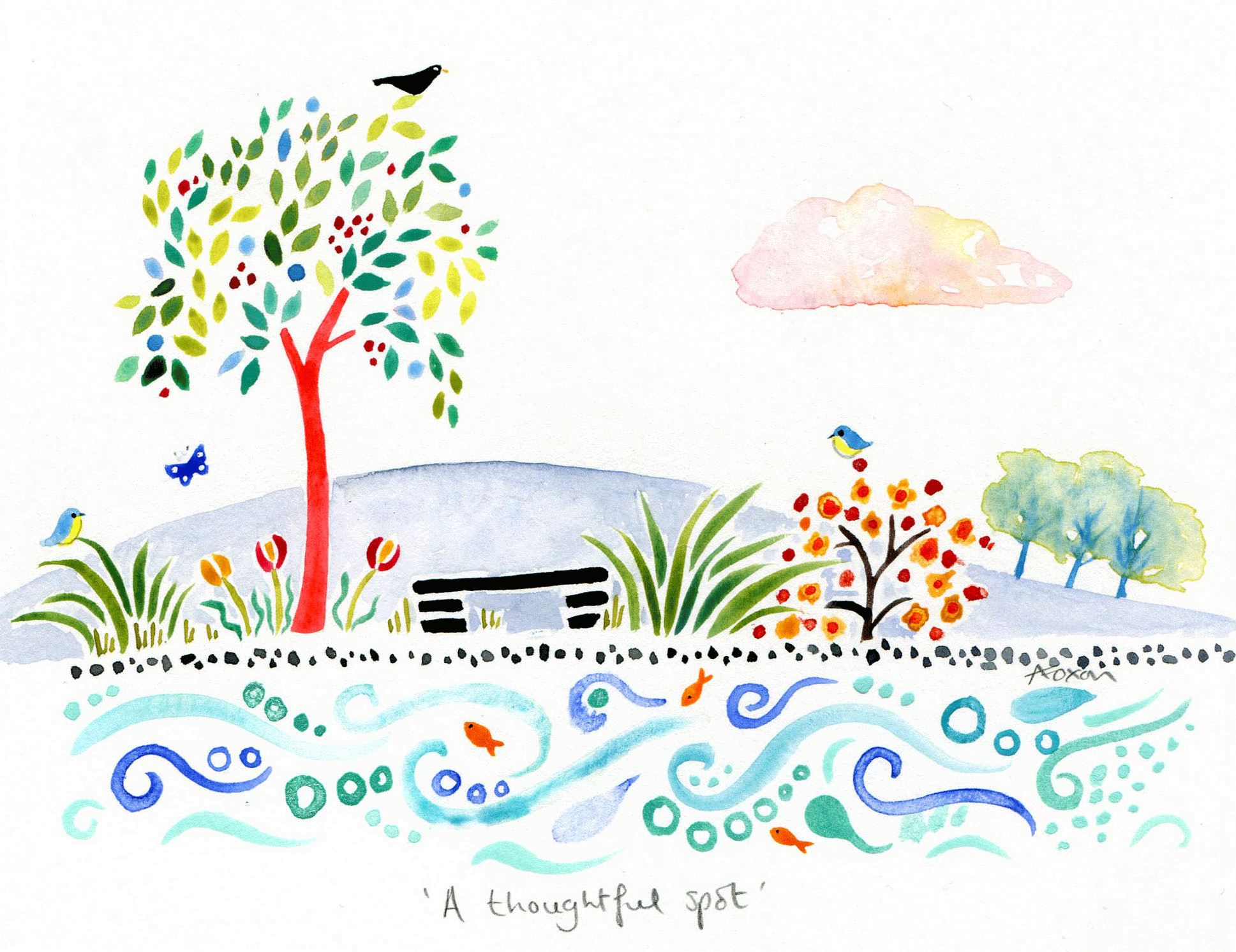 'A thoughtful spot' Inspired by the tales of Winnie the Pooh, which (thanks to my 4 year old son) I have been listening to non-stop in the car for the last 6 months. This is my idea of the perfect 'thoughtful spot'. Watercolour; 17x12cm Original: SOLD. Limited edition giclée prints are available. For further details of how to order please click here