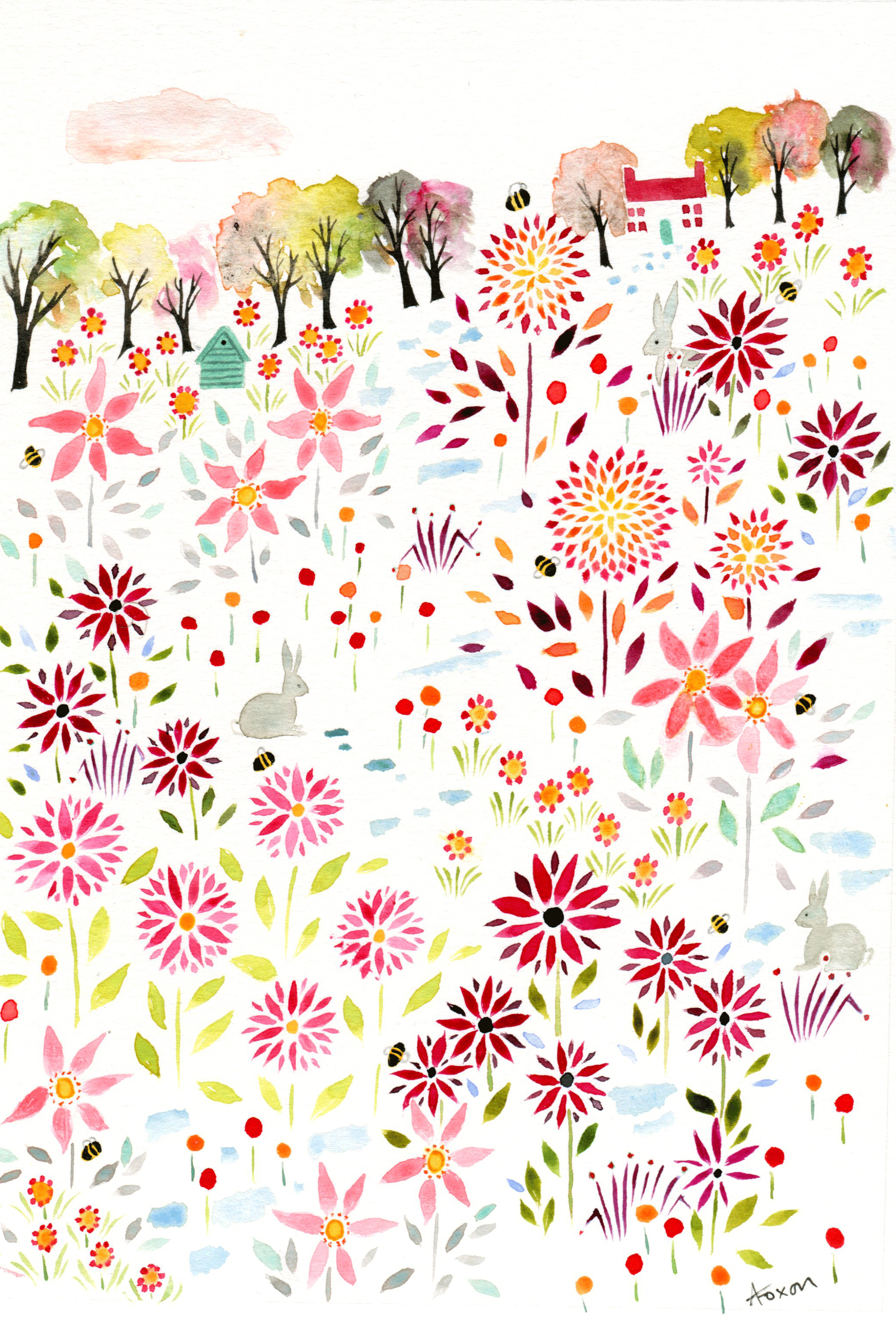 'Buzzing around the dahlias' A delicate and whimsical painting of dahlias, bees and bunnies in a soft and feminine palette of colours. Watercolour; 18x25cm The original painting is for sale at £130 including mount and UK postage. Limited edition giclée prints are also available. For further details of how to order please click here .