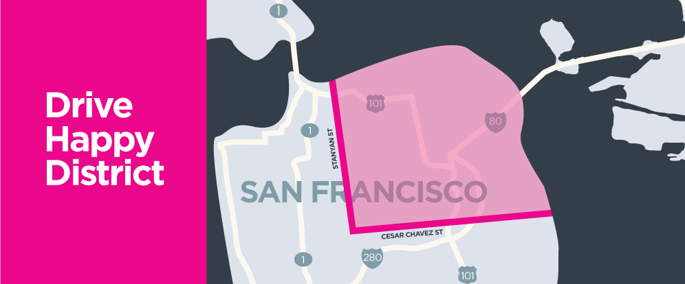 Rides must start and end within the zone to be $2.25. Boundaries are east of Stanyan St. and north of Cesar Chavez St.