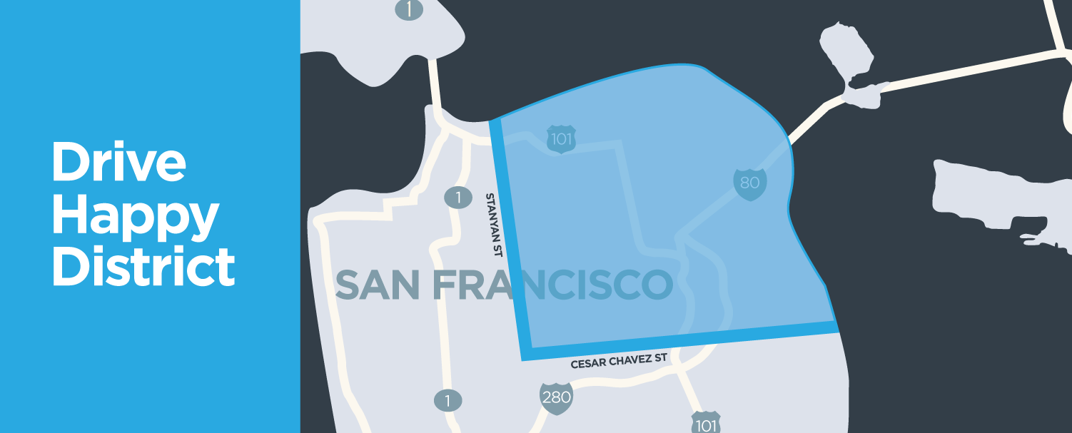 Lyft Line rides only. Rides must originate and end in the Drive Happy District to qualify to be $7 or less. Drive Happy District boundaries are east of Stanyan St. and north of Cesar Chavez St. Promotion for a limited time only and subject to change.