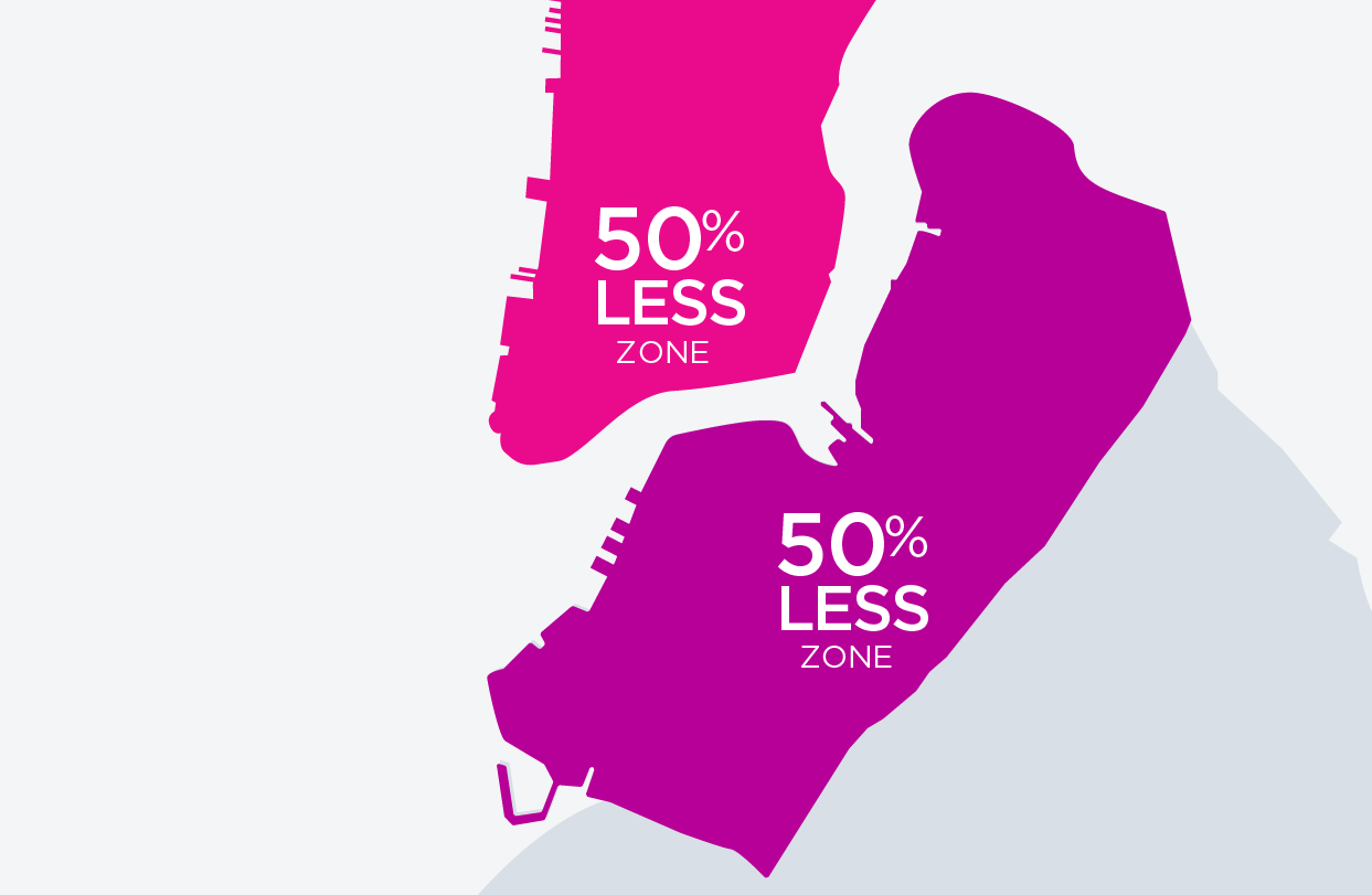 NEW YORK For discount, Line must start and end south of 97th Street in Manhattan. Or, start and end within the Brooklyn zone shown on the map.