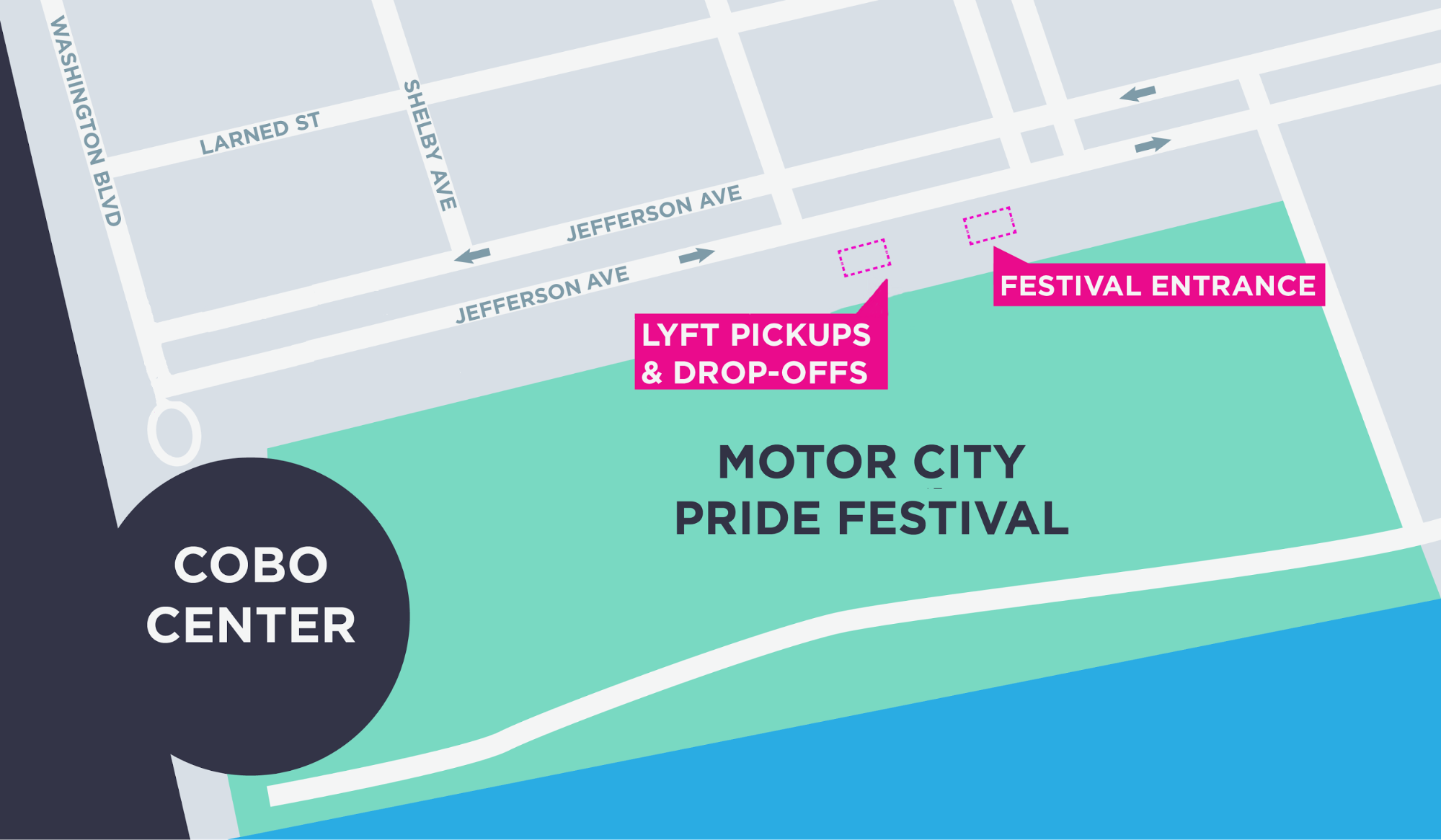 Trips to and from the event are subject to an $1.00 event fee at all times during the Motor City Pride Festivities (6/10/11-6/11/17). This fee shall start applying on 6/10/2017 and may be subject to change. For more information on other fees included on your Lyft ride, check out your city’s pricing details at lyft.com/cities or at lyft.com/terms Limited quantity available, while supplies last. Each code applies 20% off a ride, up to $5, to or from the Motor City Pride Festival between 6/10/17-6/11/17. One code redemption allowed per passenger. Discount applies to the fare and Prime Time charges only, not to Trust & Service fee, tips, tolls, taxes, or other fees and charges. Minimum fares apply. No cash value and cannot be combined with other ride credit or offers. Subject to Lyft’s Terms of Service .