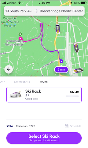 In the ride selector, scroll to More to view Ski Rack mode and tap to request. When your Lyft driver arrives, safely secure your skis/snowboards and get going.