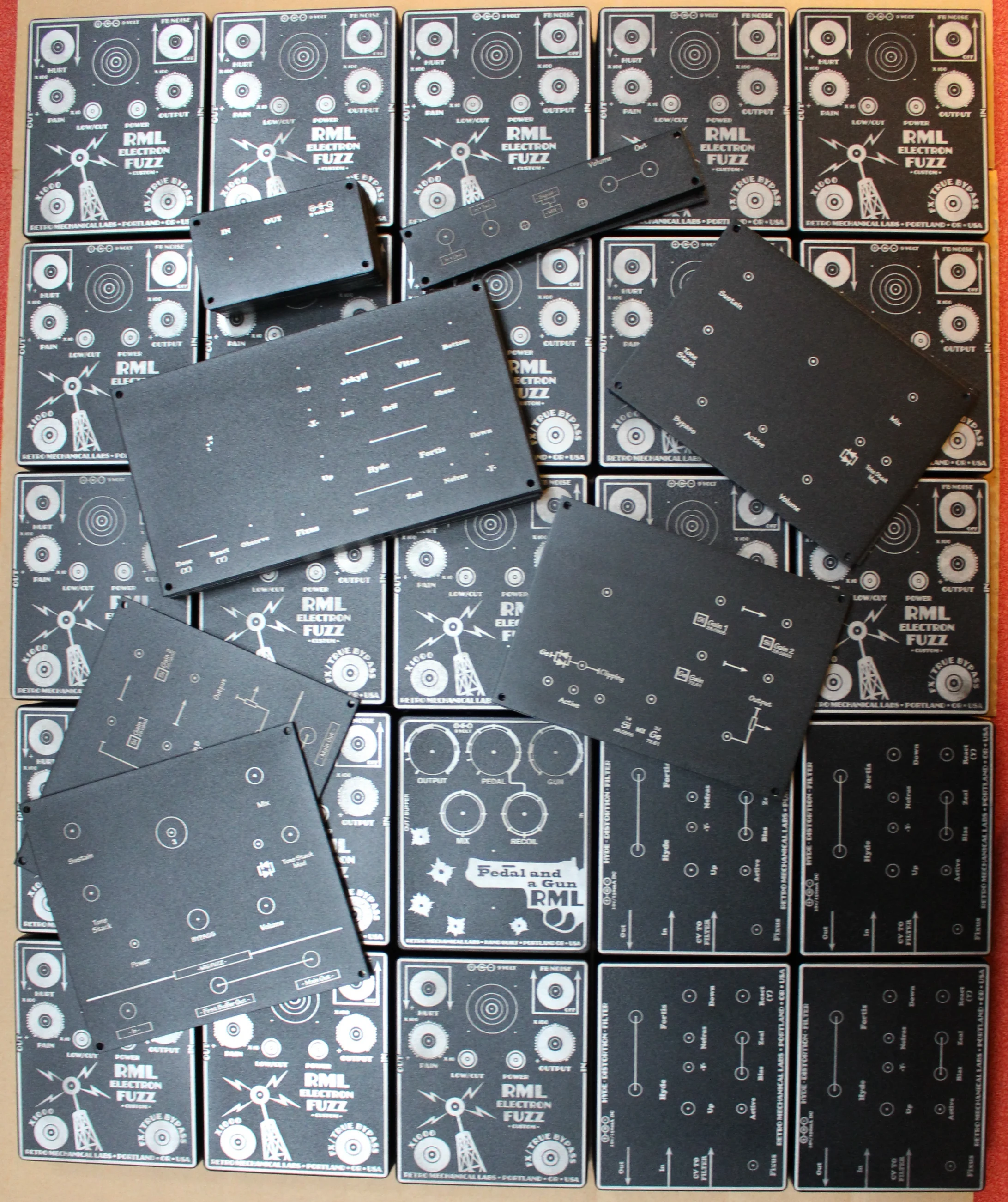 An overhead view of freshly engraved distortion boxes and panels for RML.