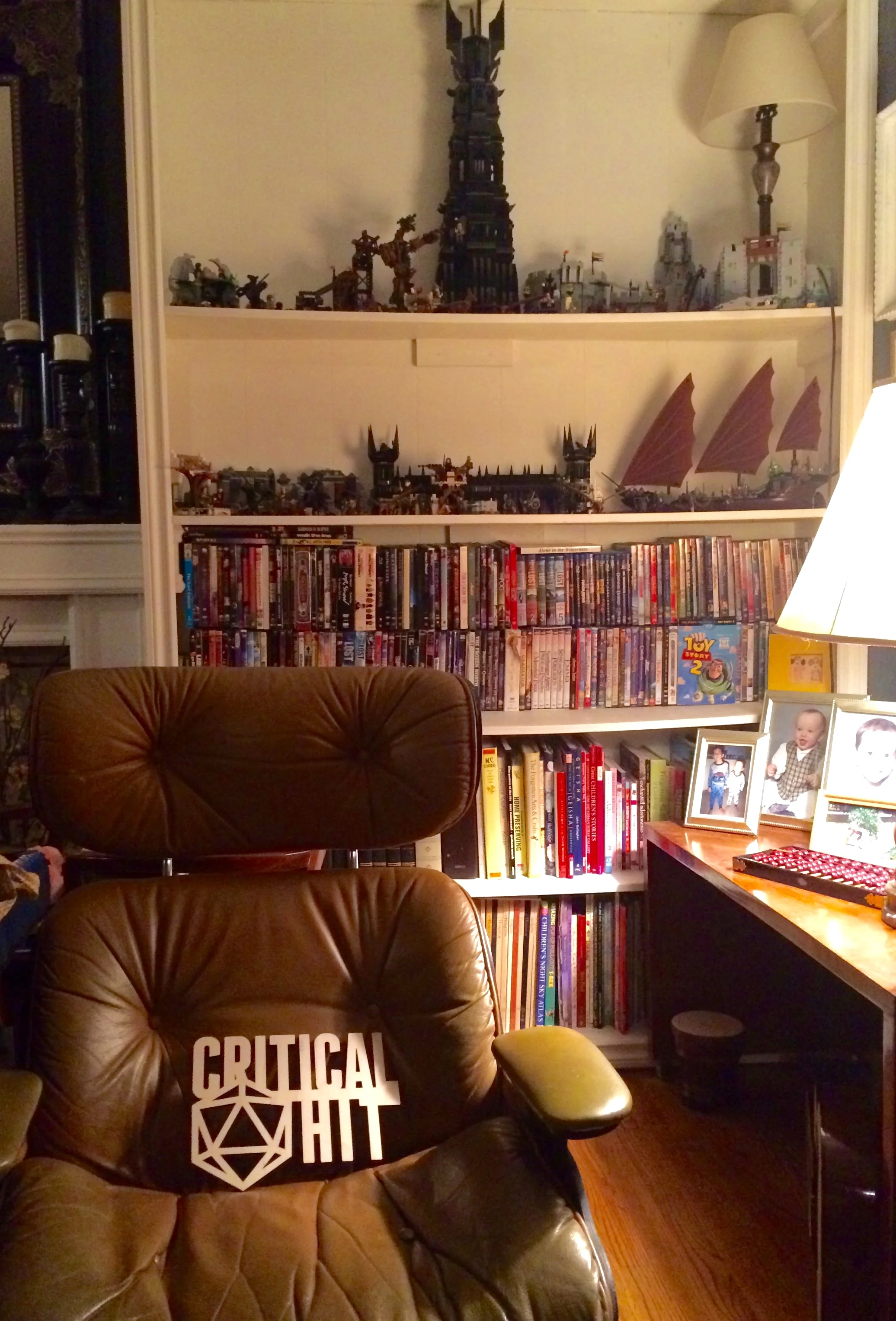 An average nighttime scene from our home. This unfinished Critical Hit sign looks quite nice chilling in my chair. 