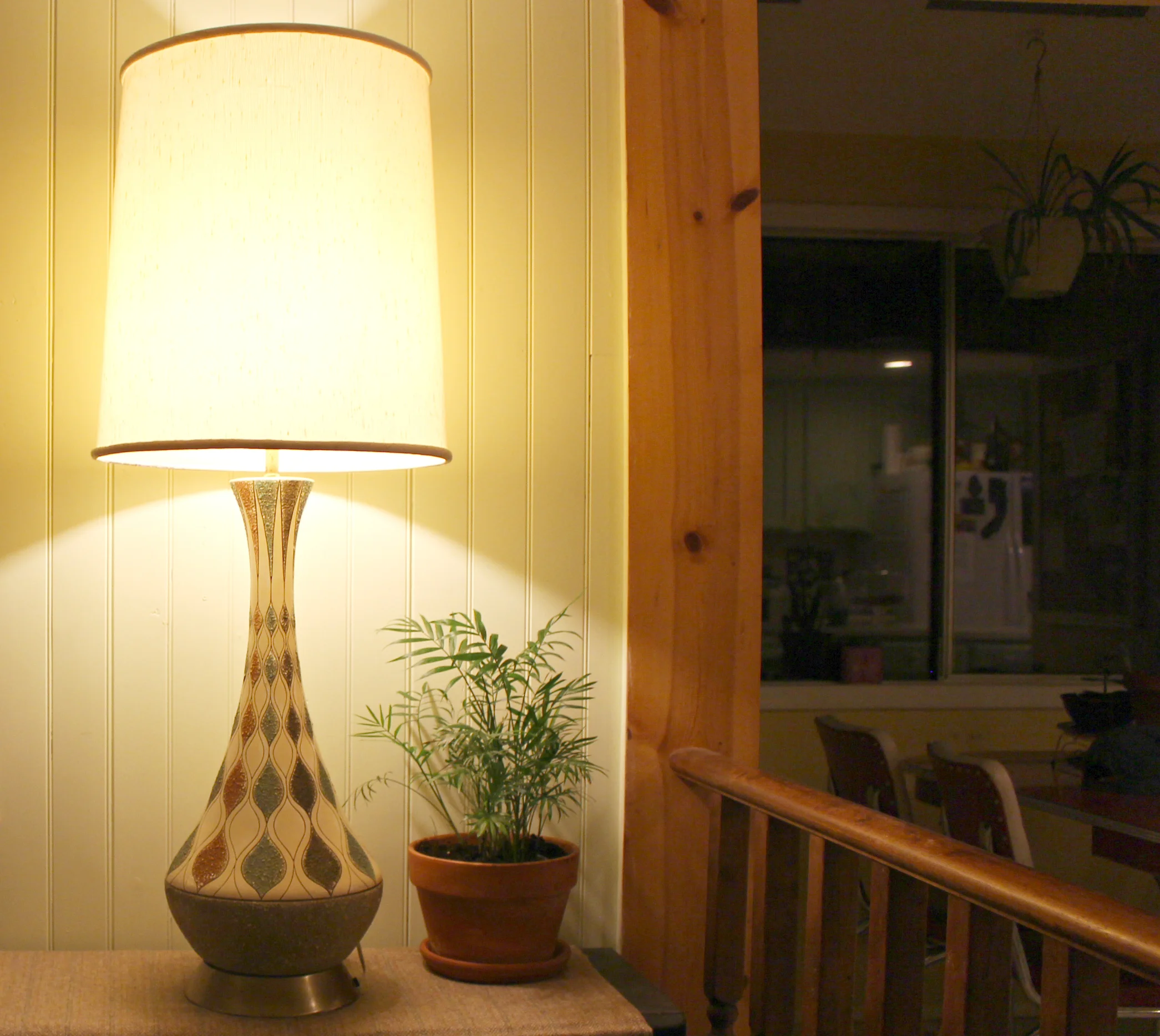 A recent vintage mid century Quartite lamp thrift find. Thanks to those who chimed in on Instagram. The original colors have grown on us. If you look closely, you can see the reflection of our refrigerator that has all sorts of chalkboard magnets we've designed stuck all over it. 