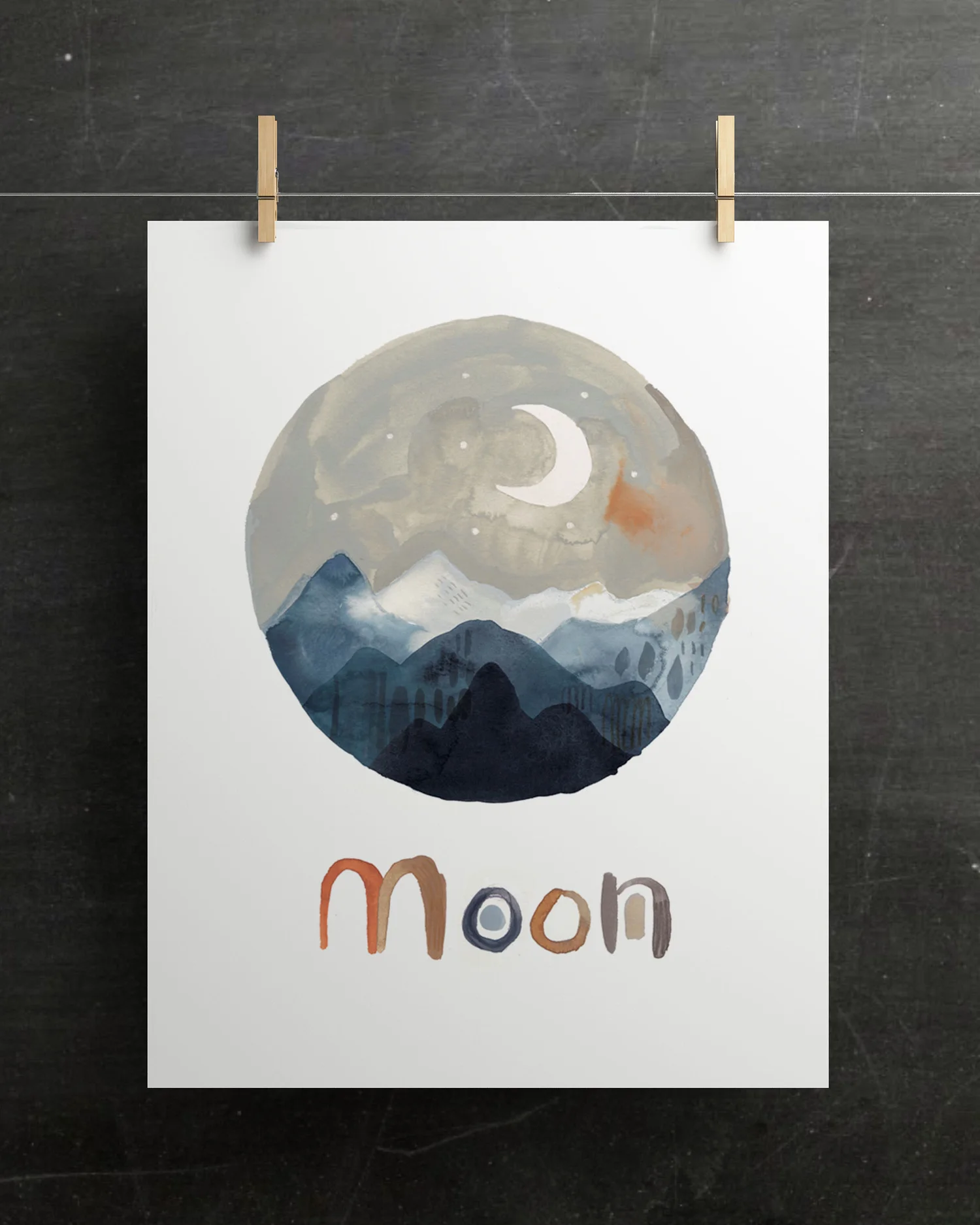 Moon Art Print Kids Room Nursery Art Mountains And Moon Kass Reich Kass Reich Illustration