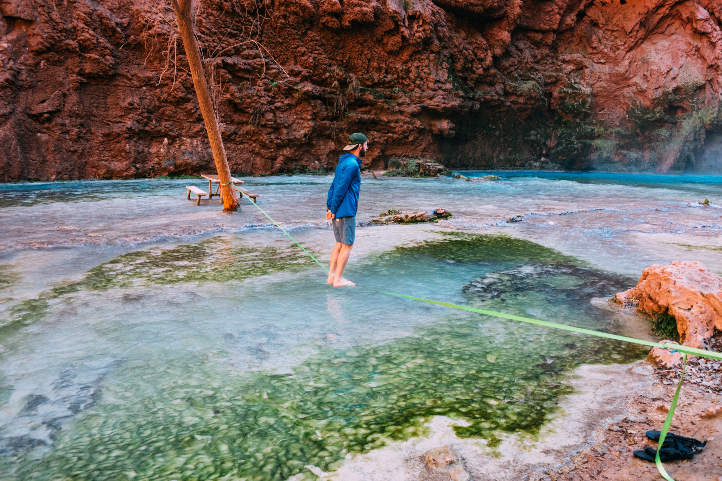 Exposure turn on the primitive line we set up in front of Mooney Falls 