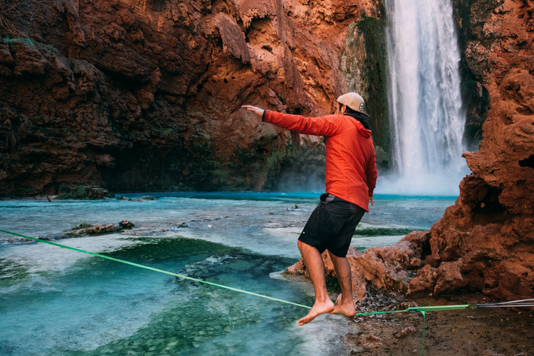 Kyle attempting to get sendy on the primitive line we set up.