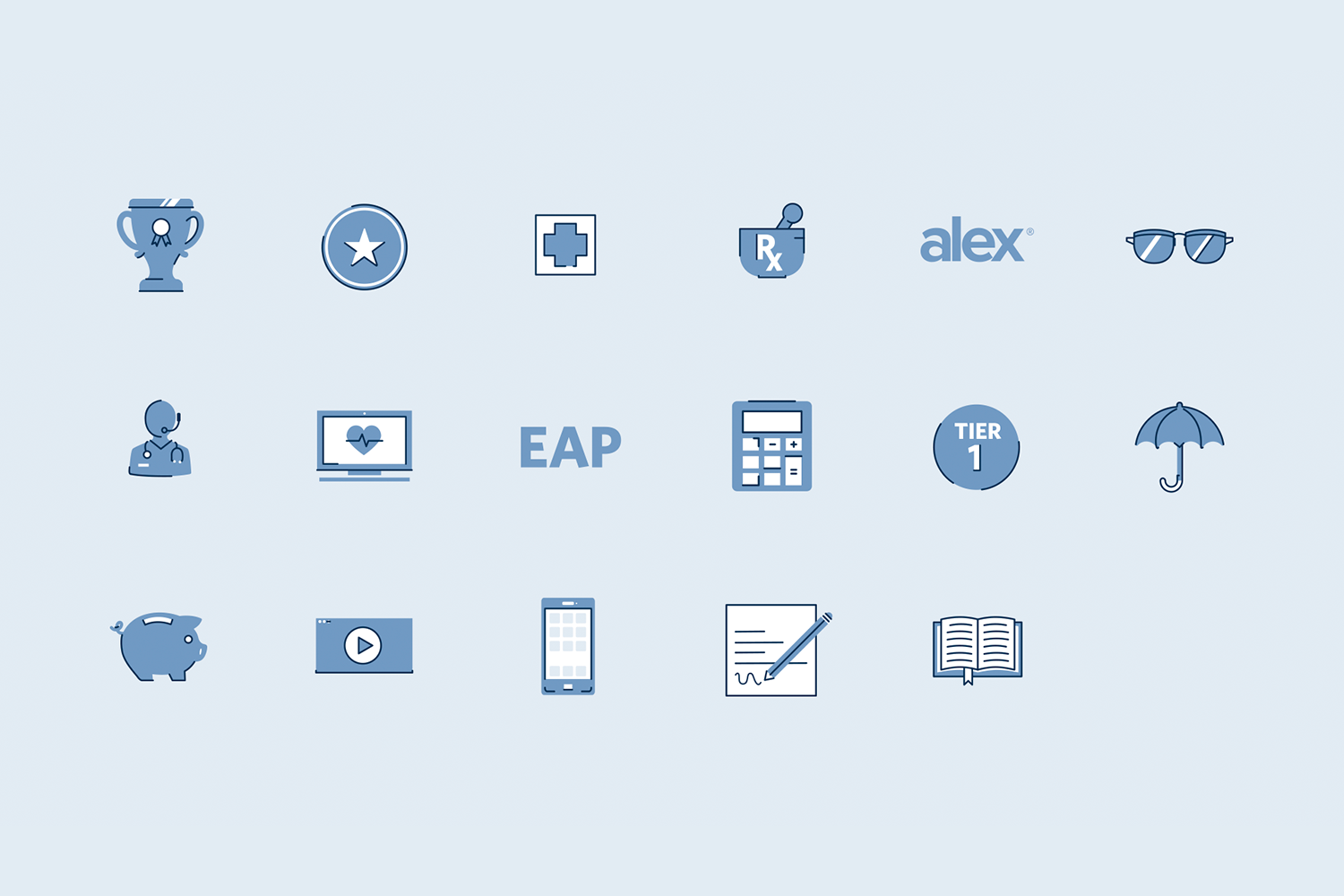  We developed a unique illustration style to  feel as if it were in motion  with intermittent line-work and utilizing the Delta brand colors. We kept the iconography simple to reference all aspects of employee benefits. 